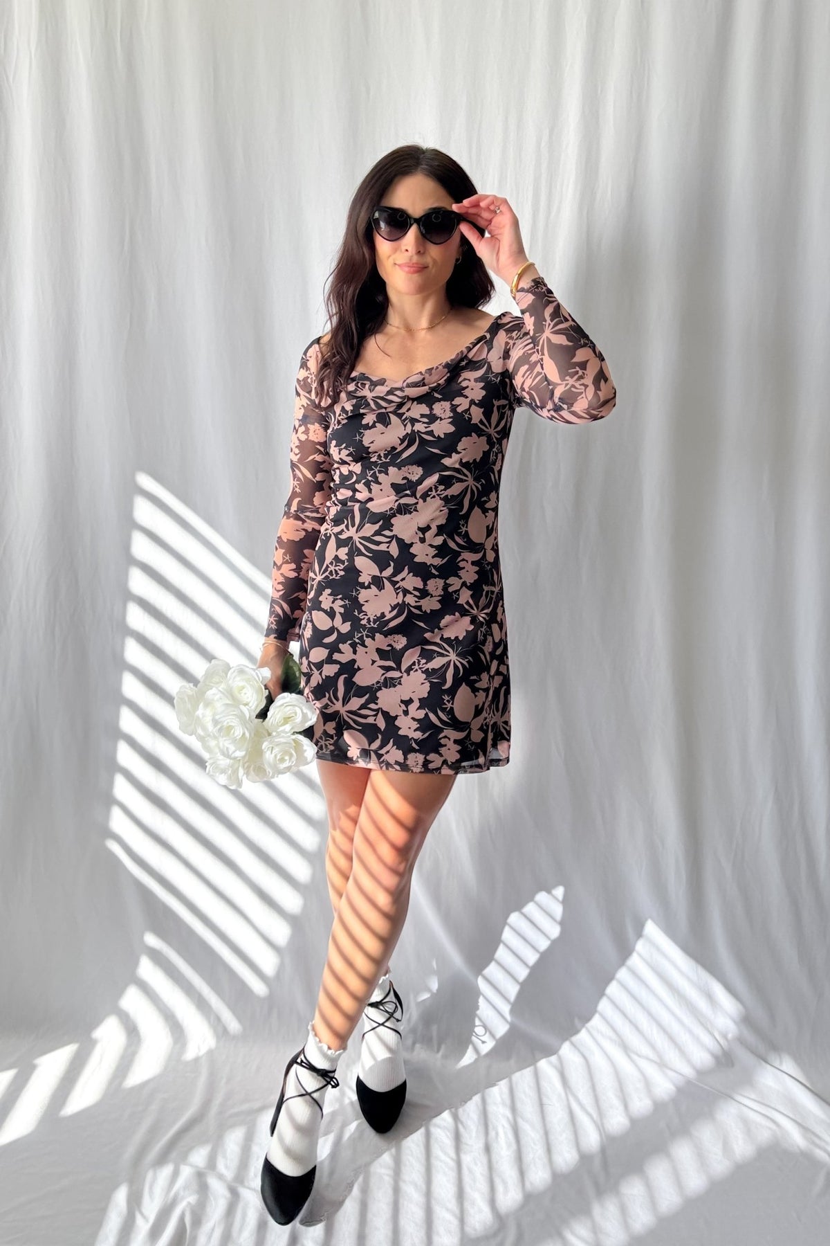 Versatile Floral Mesh Mini Dress - Black and Tan with Long Sleeves - Women&#39;s Dresses - Blooming Daily