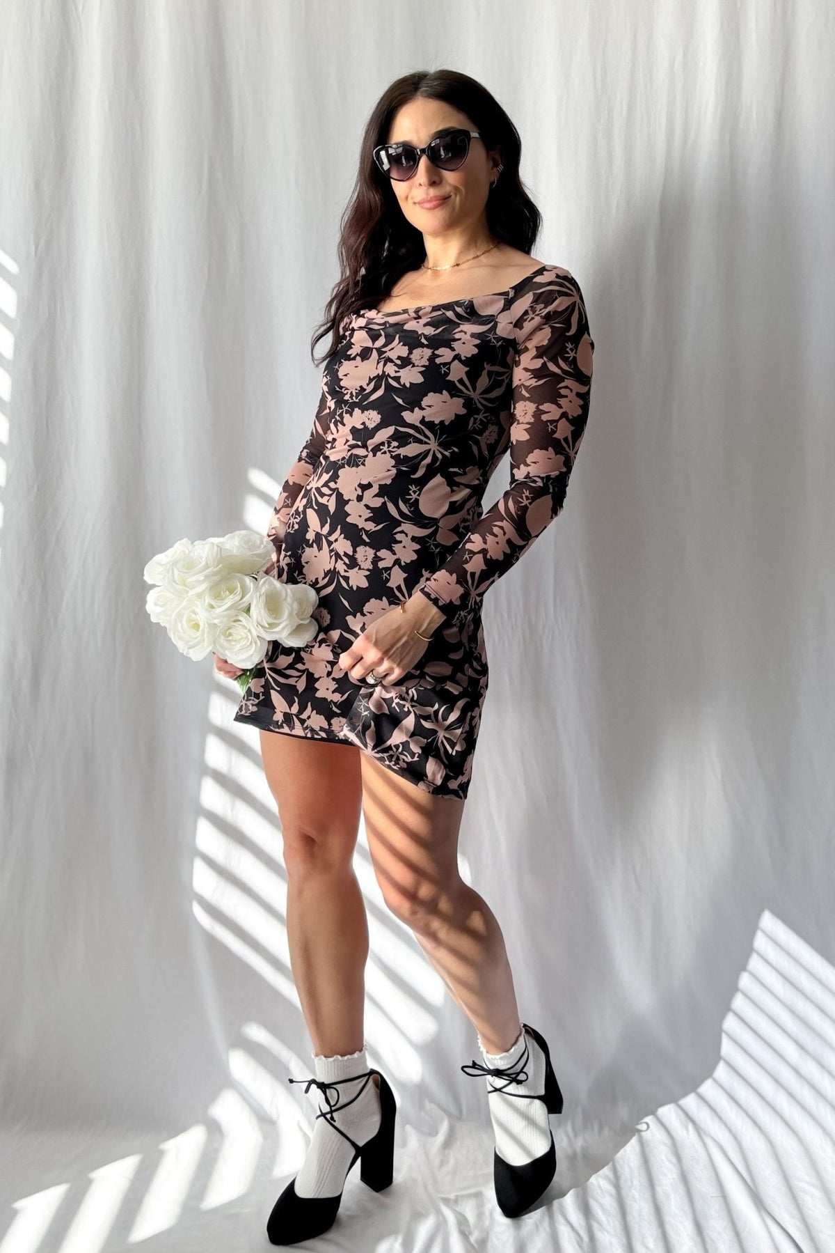 Versatile Floral Mesh Mini Dress - Black and Tan with Long Sleeves - Women&#39;s Dresses - Blooming Daily