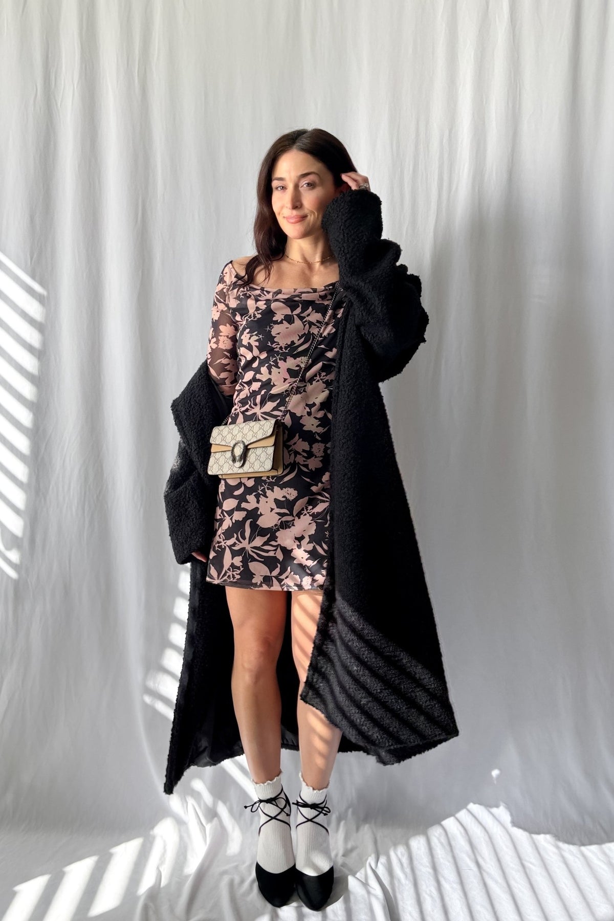 Versatile Floral Mesh Mini Dress - Black and Tan with Long Sleeves - Women&#39;s Dresses - Blooming Daily