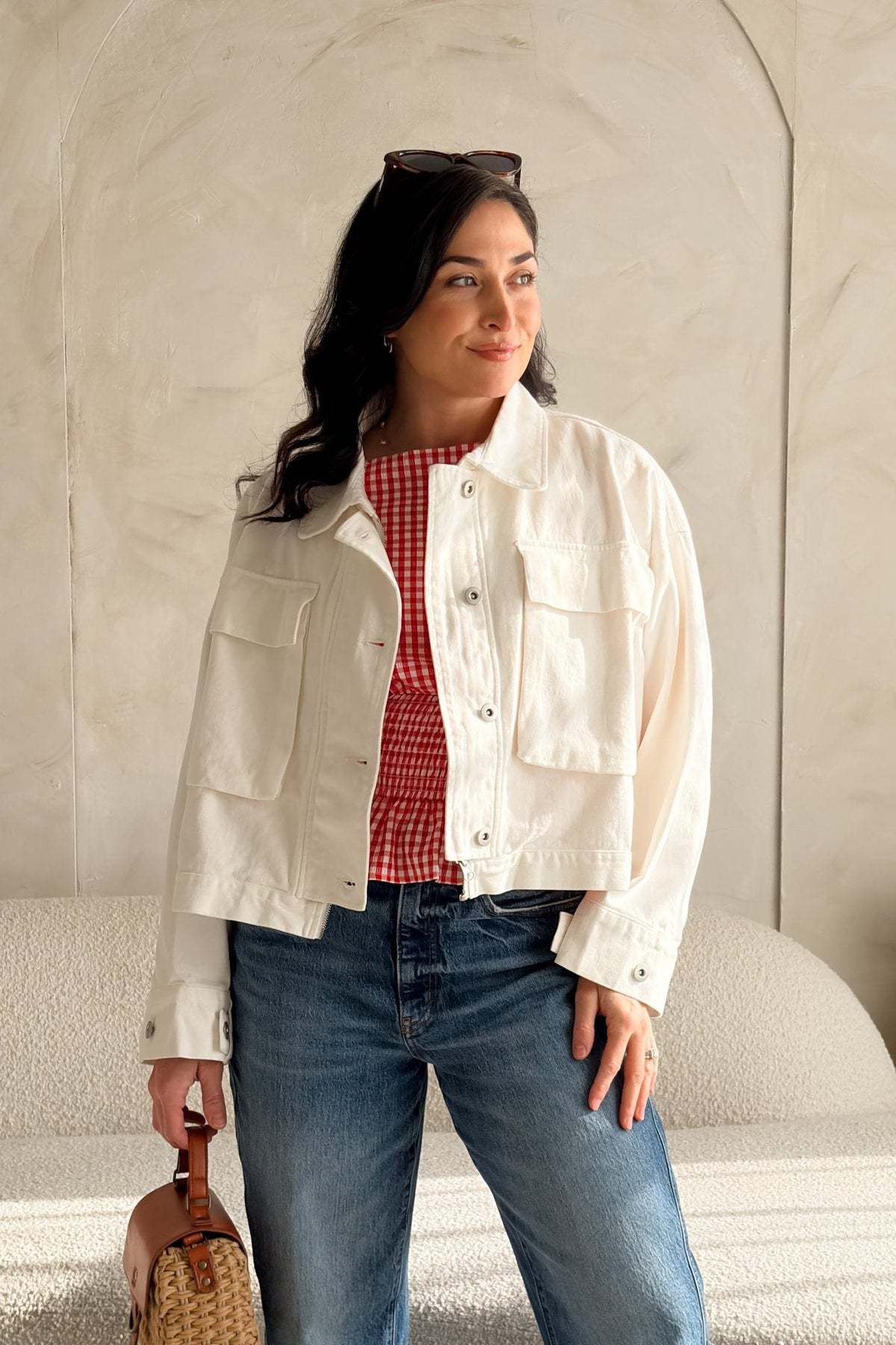 White Cotton Oversized Utility Jacket – Lightweight, Relaxed Fit - Women's Jacket - Blooming Daily