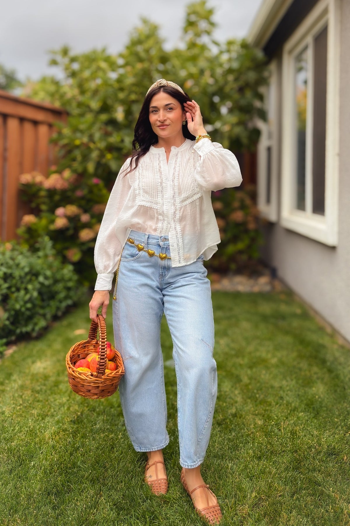 Women’s white cotton blouse with lace trim and pintuck front detailing