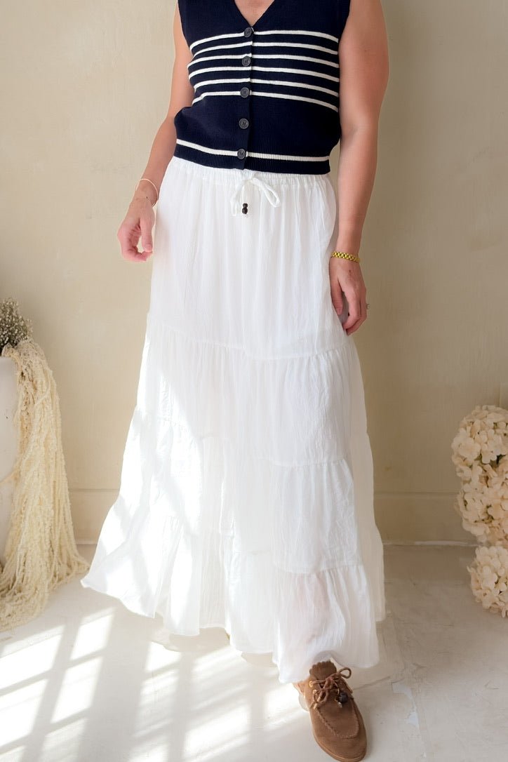 White Crinkle Tiered Maxi Skirt – Feminine Summer Skirt - Women's Skirts - Blooming Daily