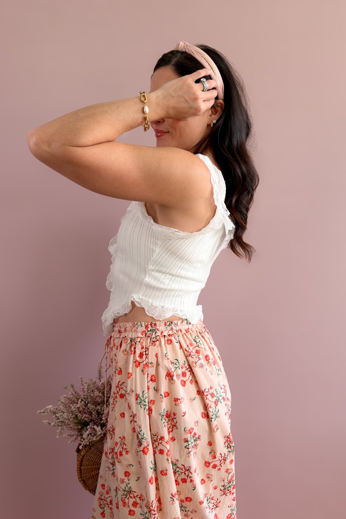 Women’s white stretch tank top with lace ruffle straps, button front, and soft fitted shape