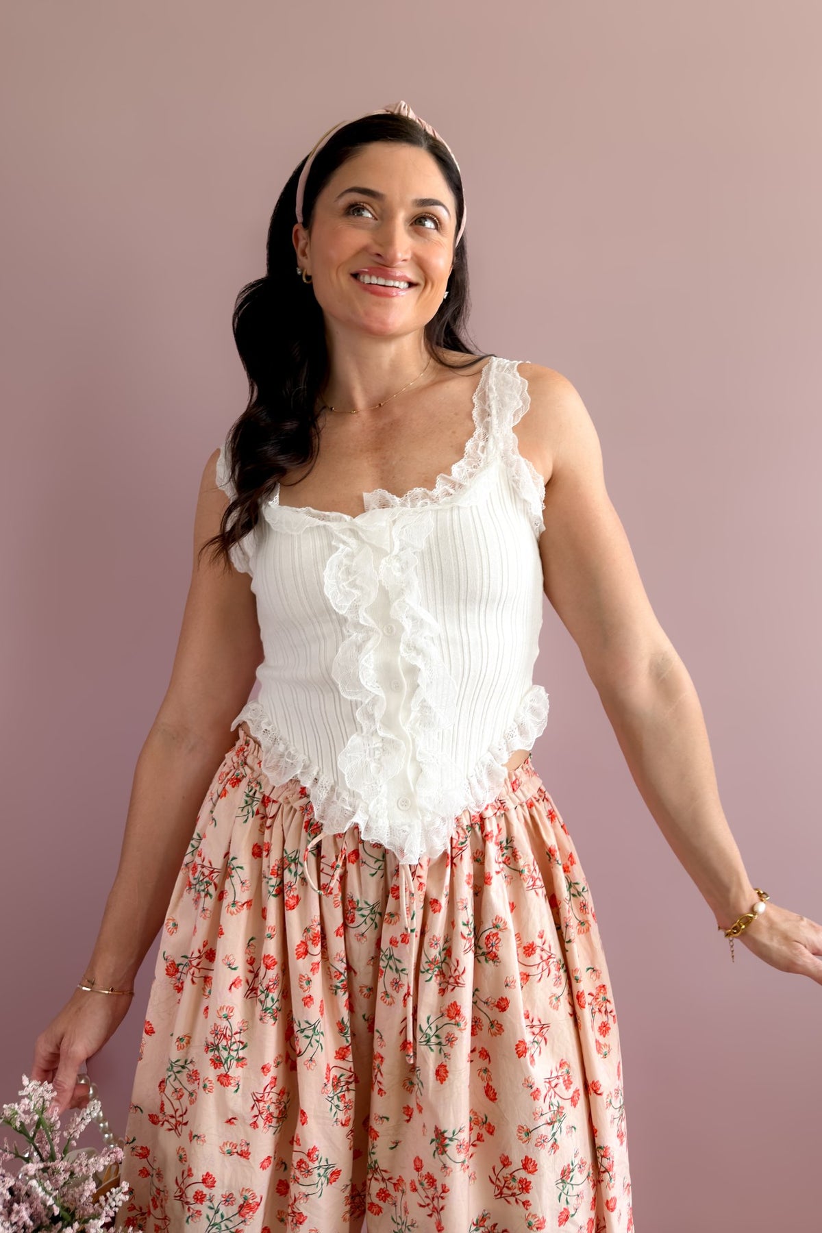 White button front ribbed tank styled with blush floral pants for a feminine everyday outfit