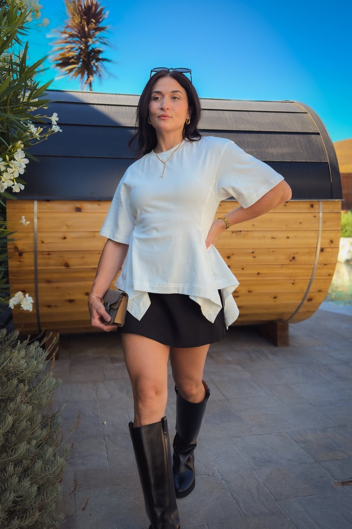 Heavyweight white cotton T-shirt with a fitted waist, peplum shape and relaxed oversized short sleeves.