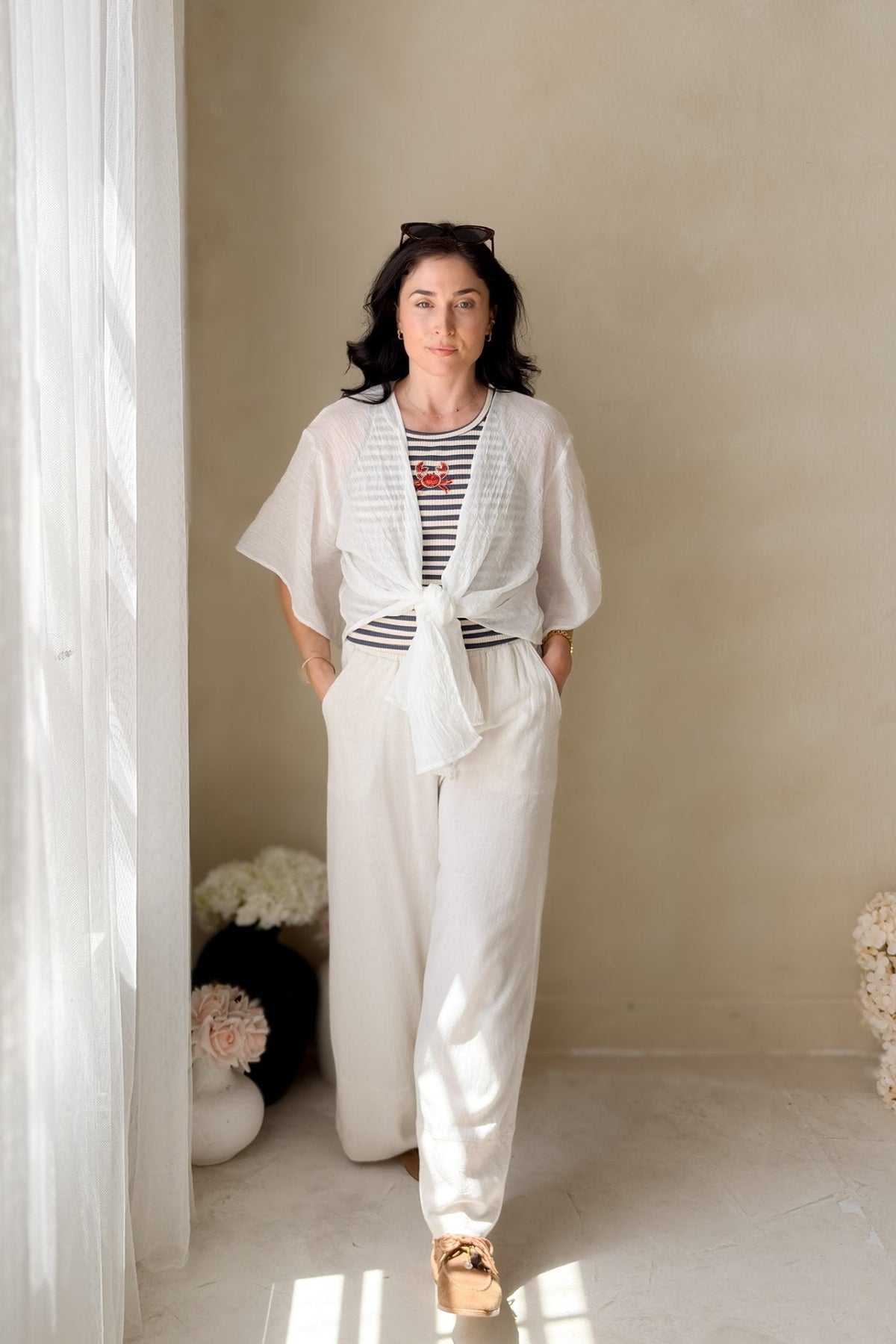 White Tie Front Kimono Cover Up Top - Women's Shirts & Tops - Blooming Daily