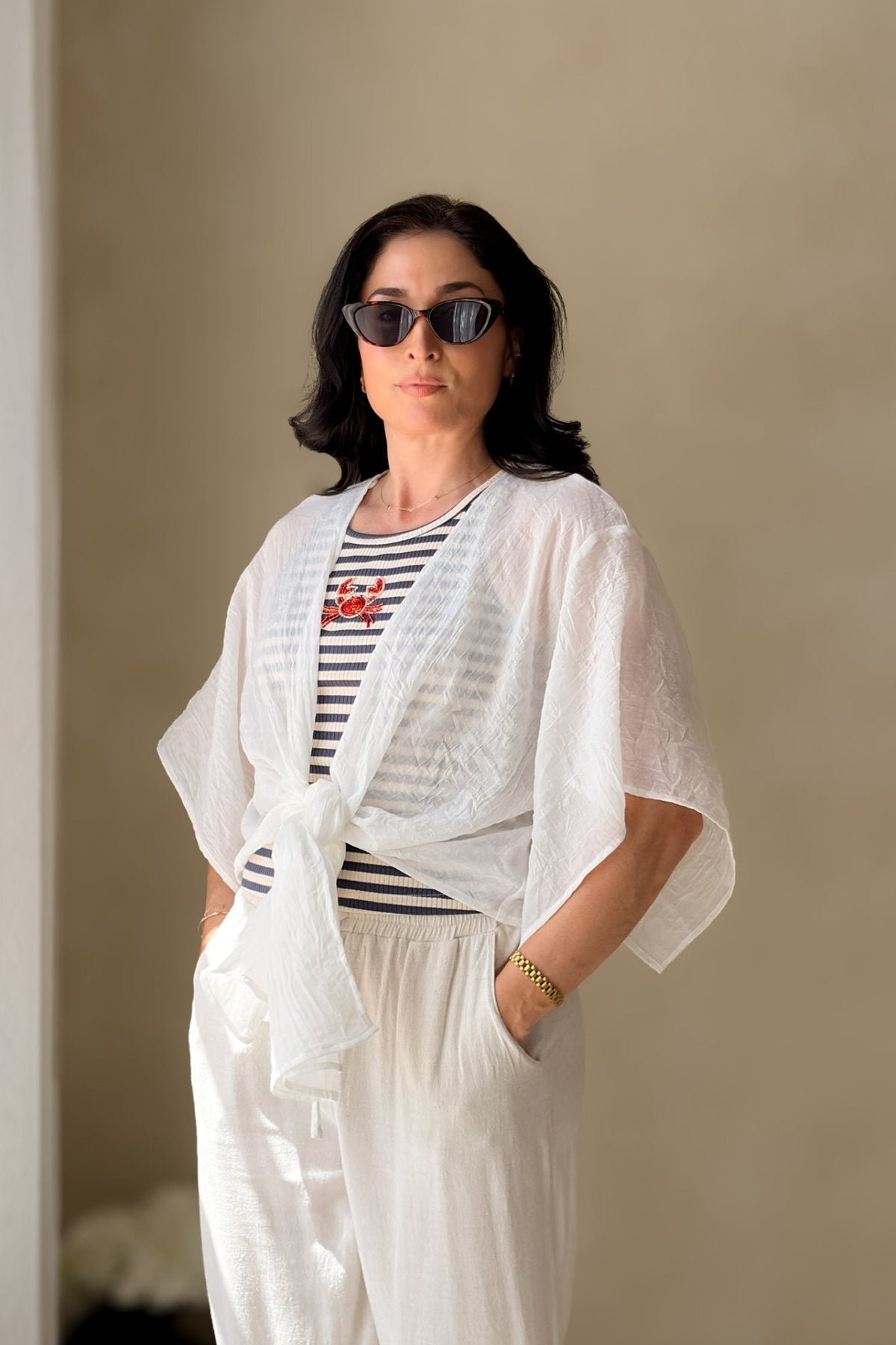 White Tie Front Kimono Cover Up Top - Women's Shirts & Tops - Blooming Daily