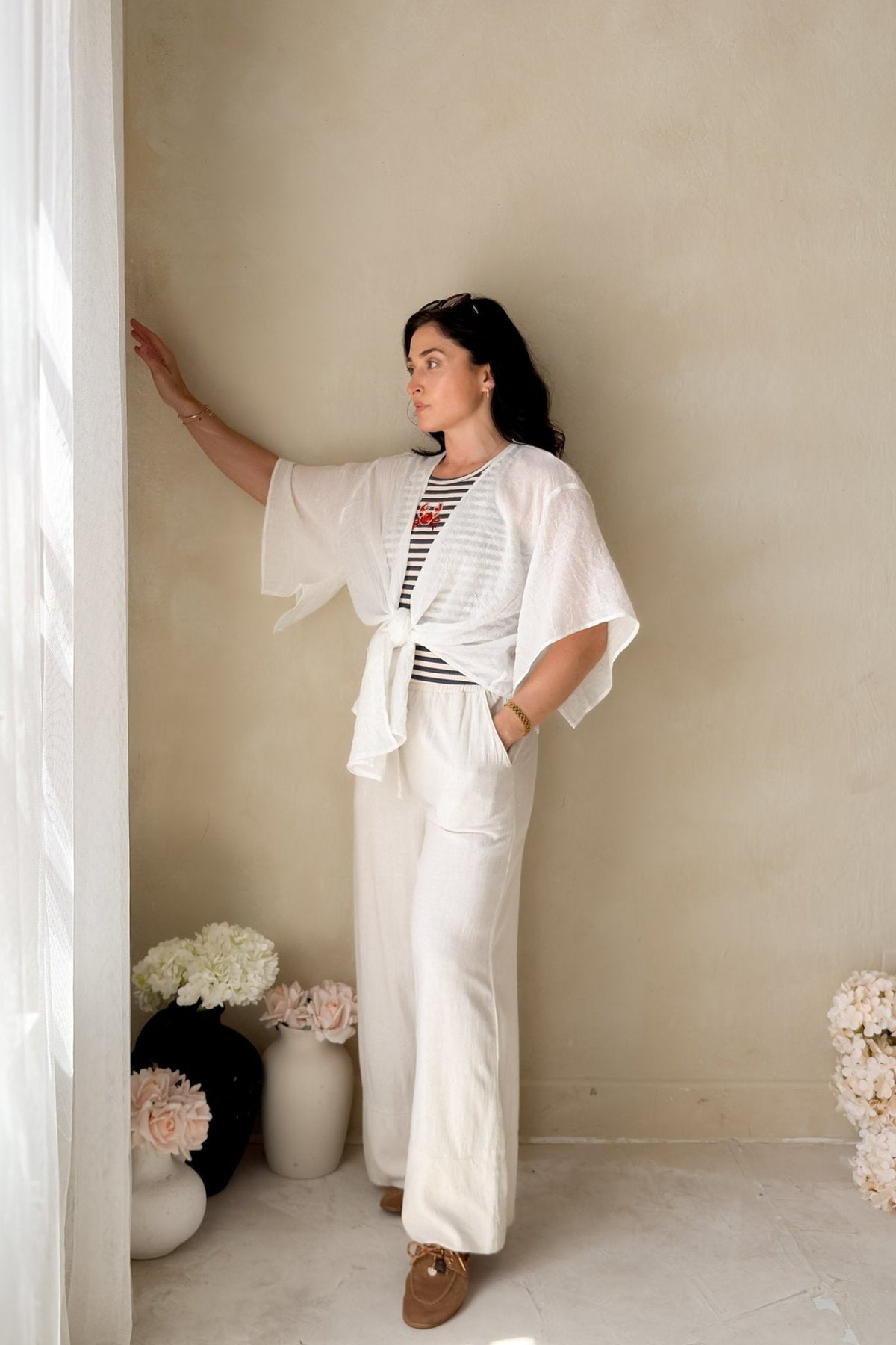 White Tie Front Kimono Cover Up Top - Women's Shirts & Tops - Blooming Daily