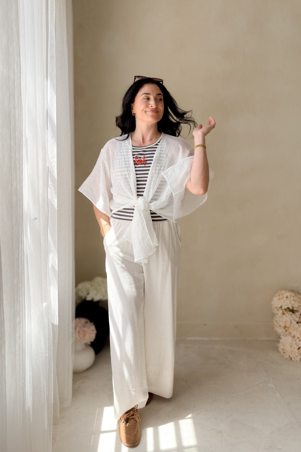 White Tie Front Kimono Cover Up Top - Women's Shirts & Tops - Blooming Daily