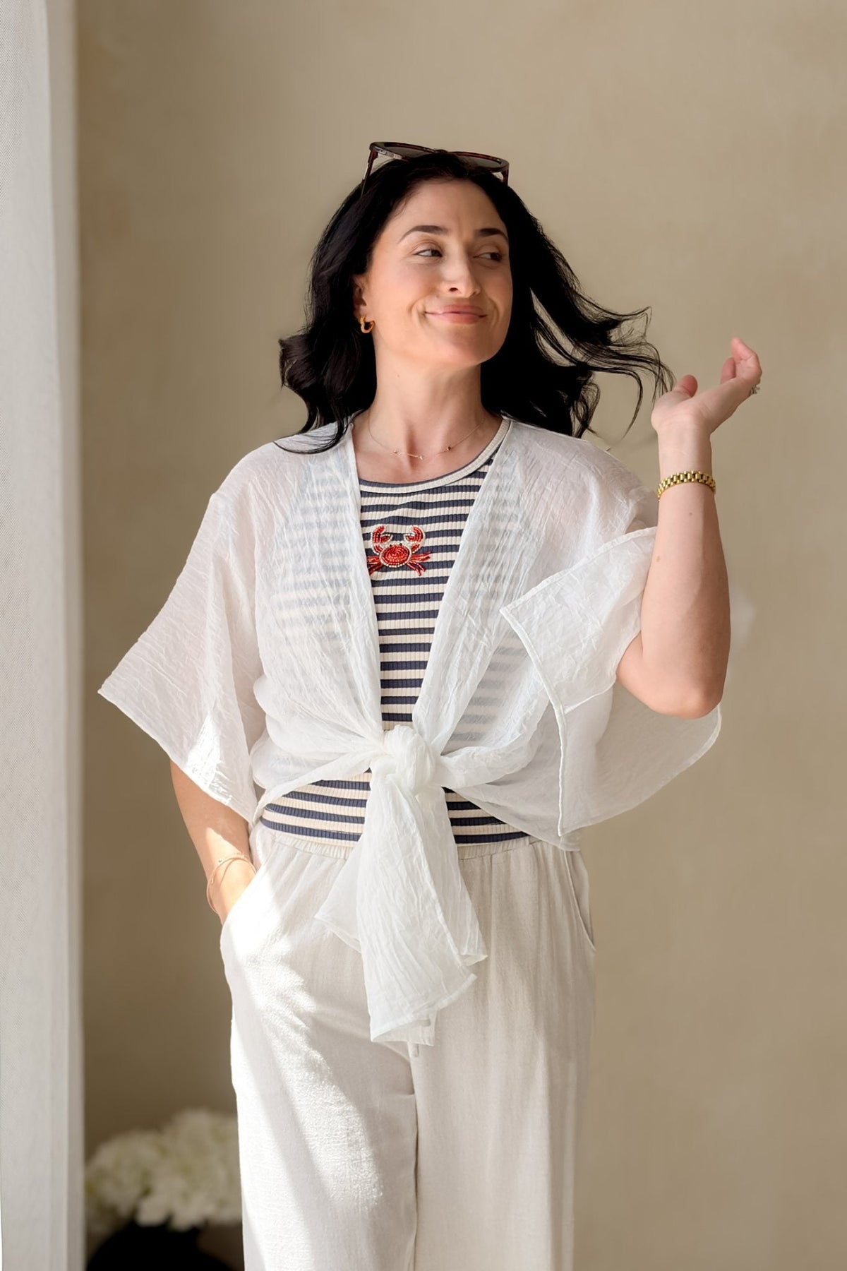 White Tie Front Kimono Cover Up Top - Women's Shirts & Tops - Blooming Daily