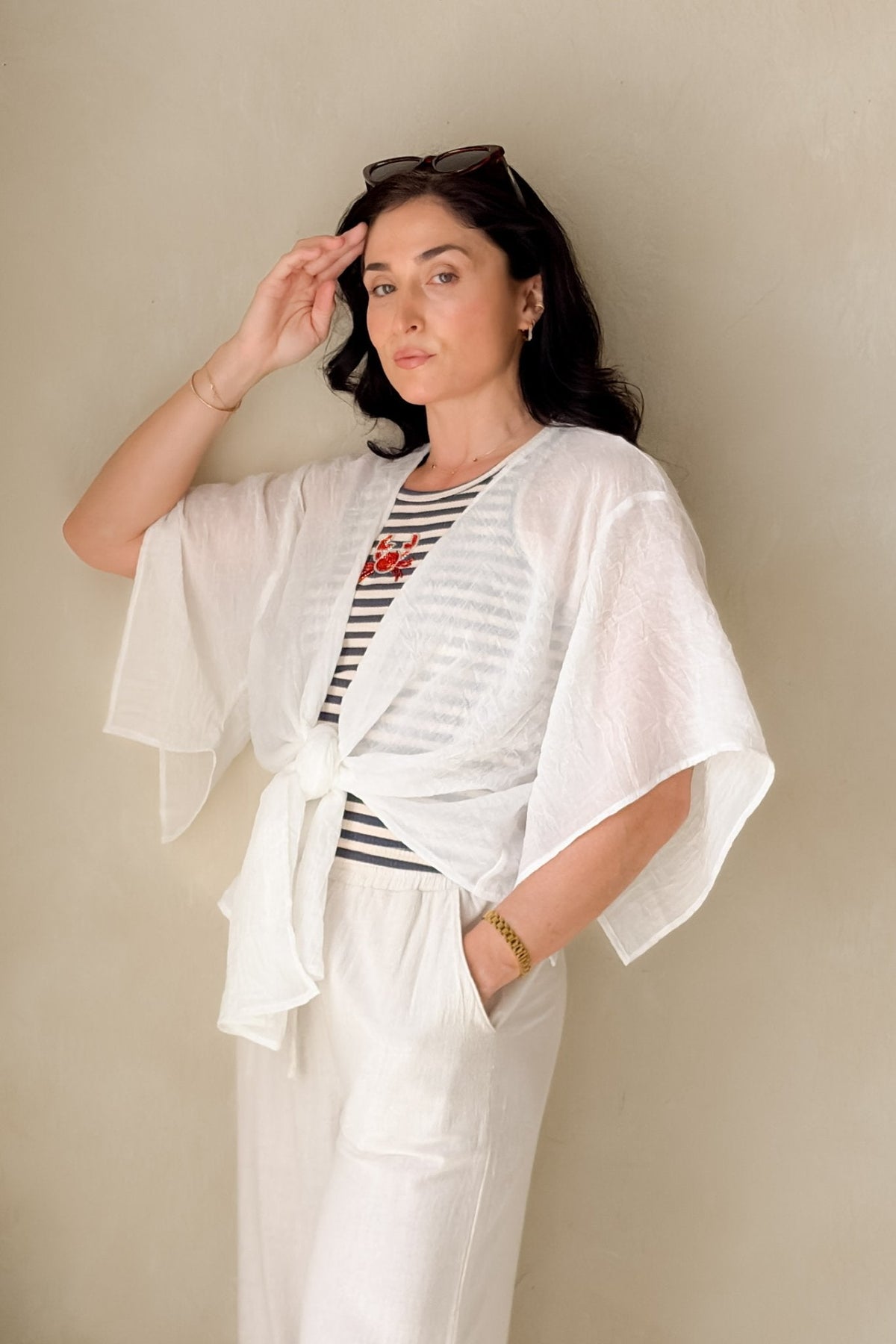 White Tie Front Kimono Cover Up Top - Women's Shirts & Tops - Blooming Daily
