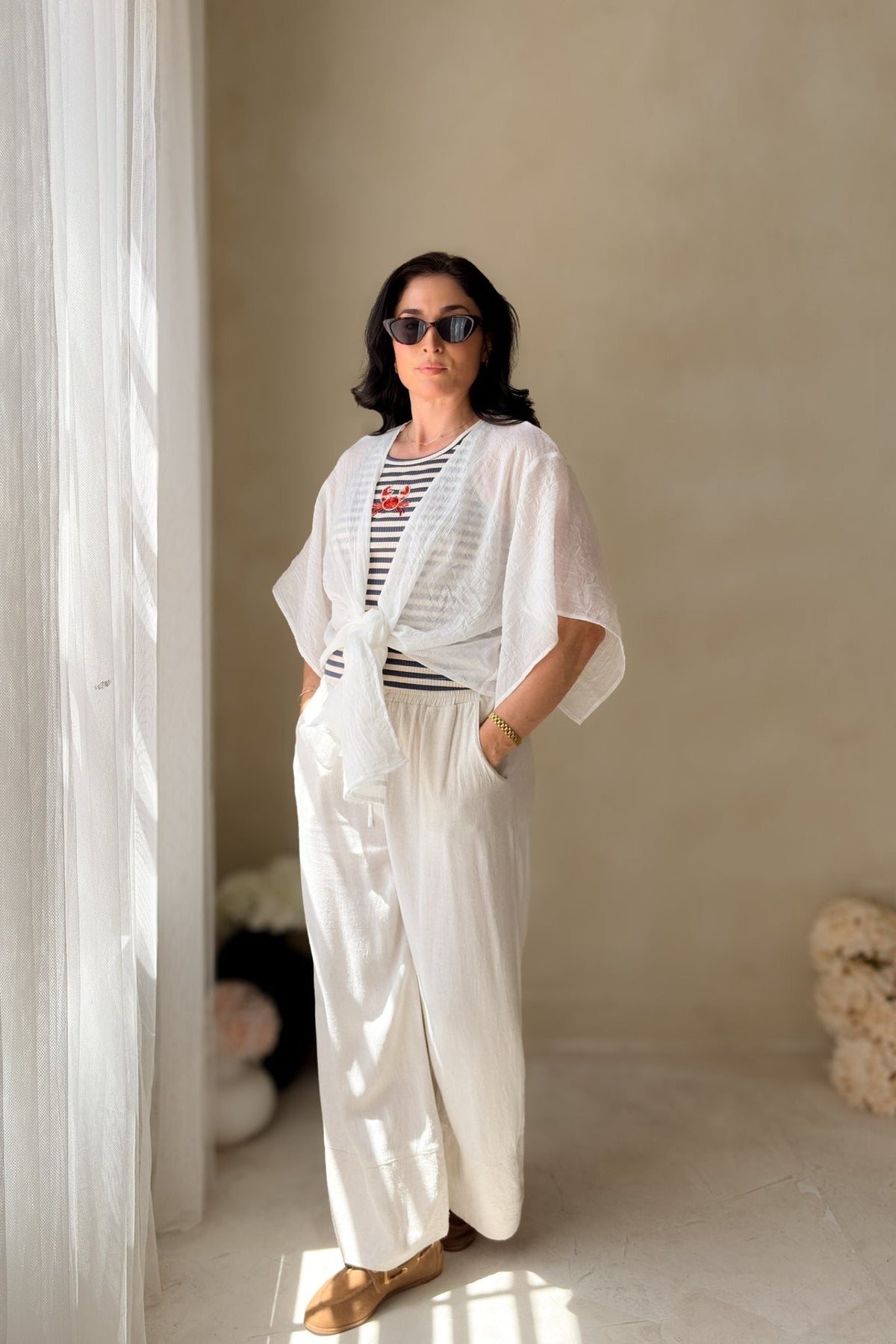 White Tie Front Kimono Cover Up Top - Women's Shirts & Tops - Blooming Daily