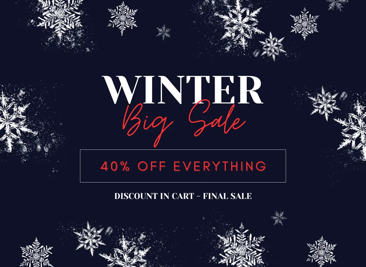 Seasonal Winter Big Sale banner linking to the sale collection, designed with snowflakes and bold typography highlighting 40 percent off everything, discount in cart, final sale.