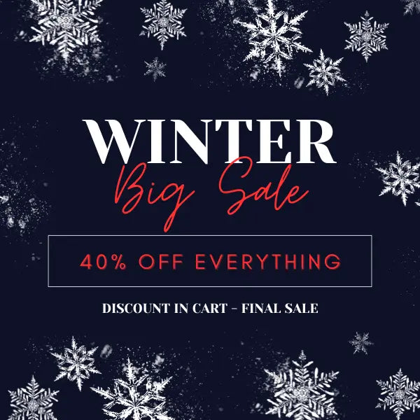 Seasonal Winter Big Sale banner linking to the sale collection, designed with snowflakes and bold typography highlighting 40 percent off everything, discount in cart, final sale.
