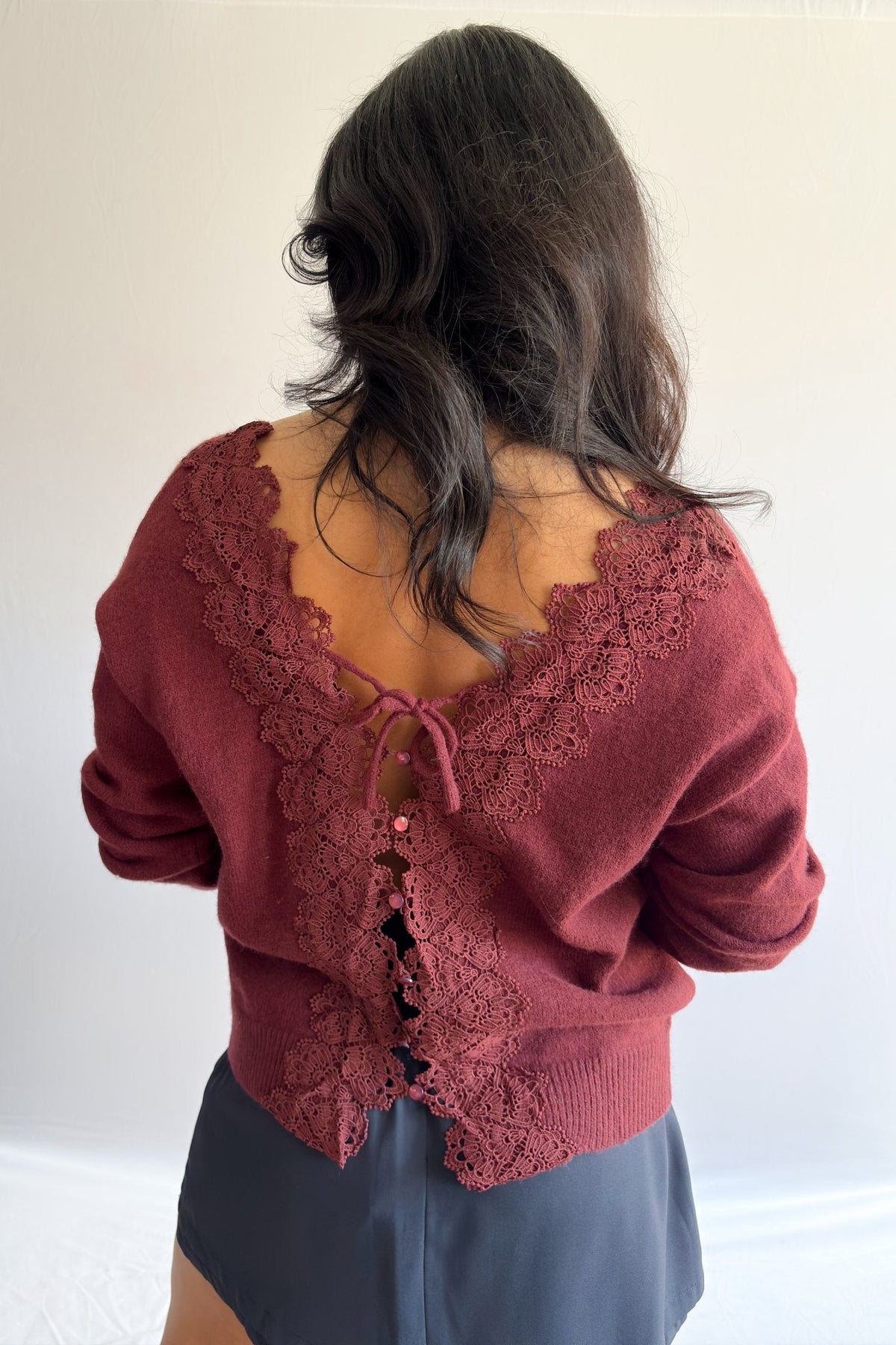 Women’s 3 - Way Lace - Trim Convertible Sweater Cardigan – Burgundy - Women&#39;s Shirts &amp; Tops - Blooming Daily
