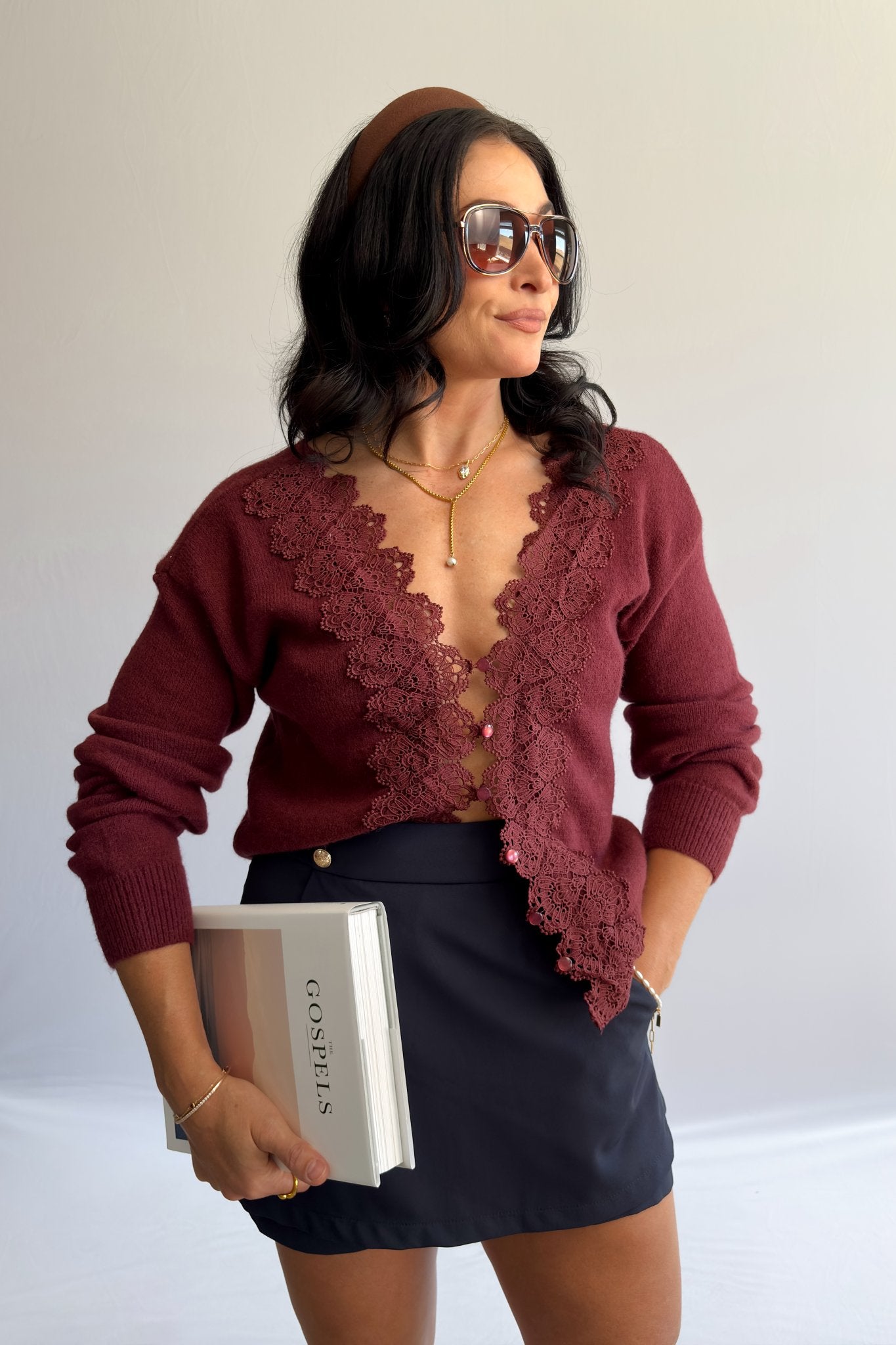 Women’s 3 - Way Lace - Trim Convertible Sweater Cardigan – Burgundy - Women's Shirts & Tops - Blooming Daily