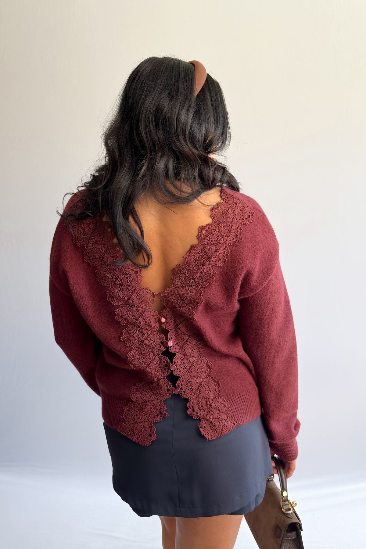 Women’s 3 - Way Lace - Trim Convertible Sweater Cardigan – Burgundy - Women&#39;s Shirts &amp; Tops - Blooming Daily
