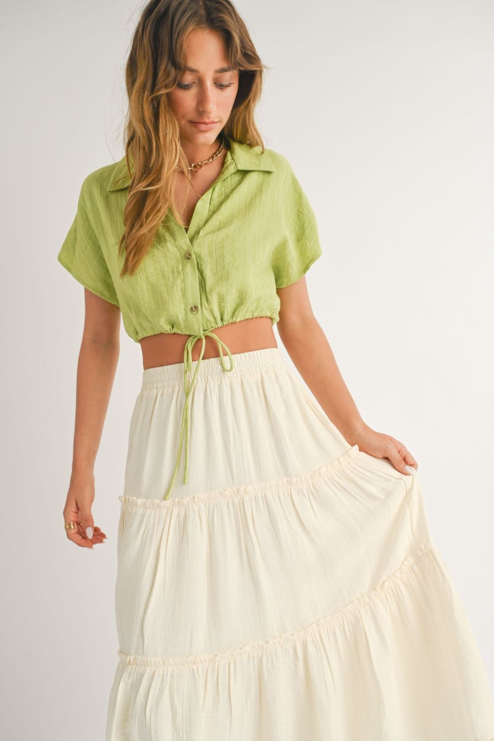 Women&#39;s A Tini Summer Set | Boxy Cropped Button Down Top | Lime Green - Women&#39;s Shirts &amp; Tops - Blooming Daily