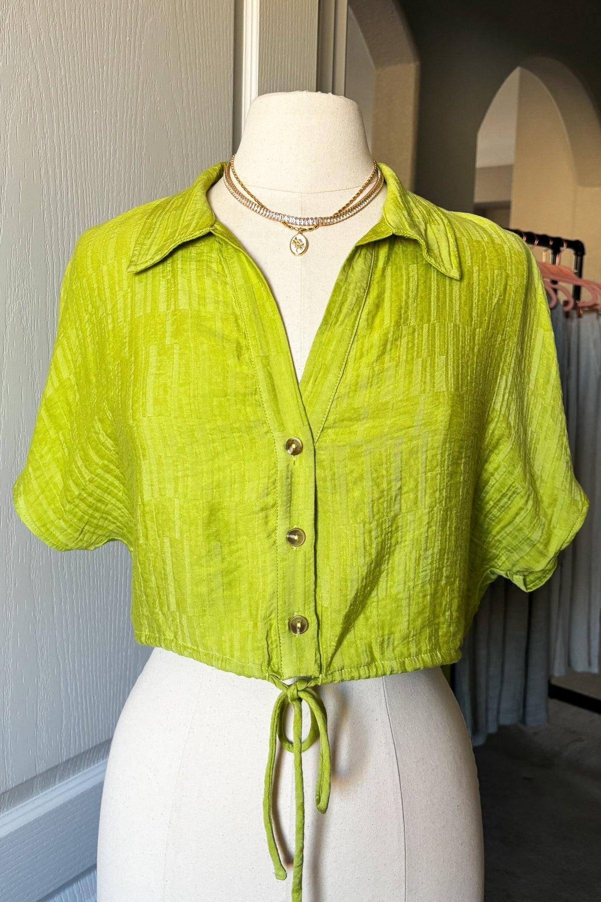 Women&#39;s A Tini Summer Set | Boxy Cropped Button Down Top | Lime Green - Women&#39;s Shirts &amp; Tops - Blooming Daily