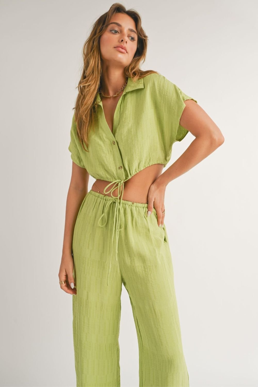 Women&#39;s A Tini Summer Set | Boxy Cropped Button Down Top | Lime Green - Women&#39;s Shirts &amp; Tops - Blooming Daily