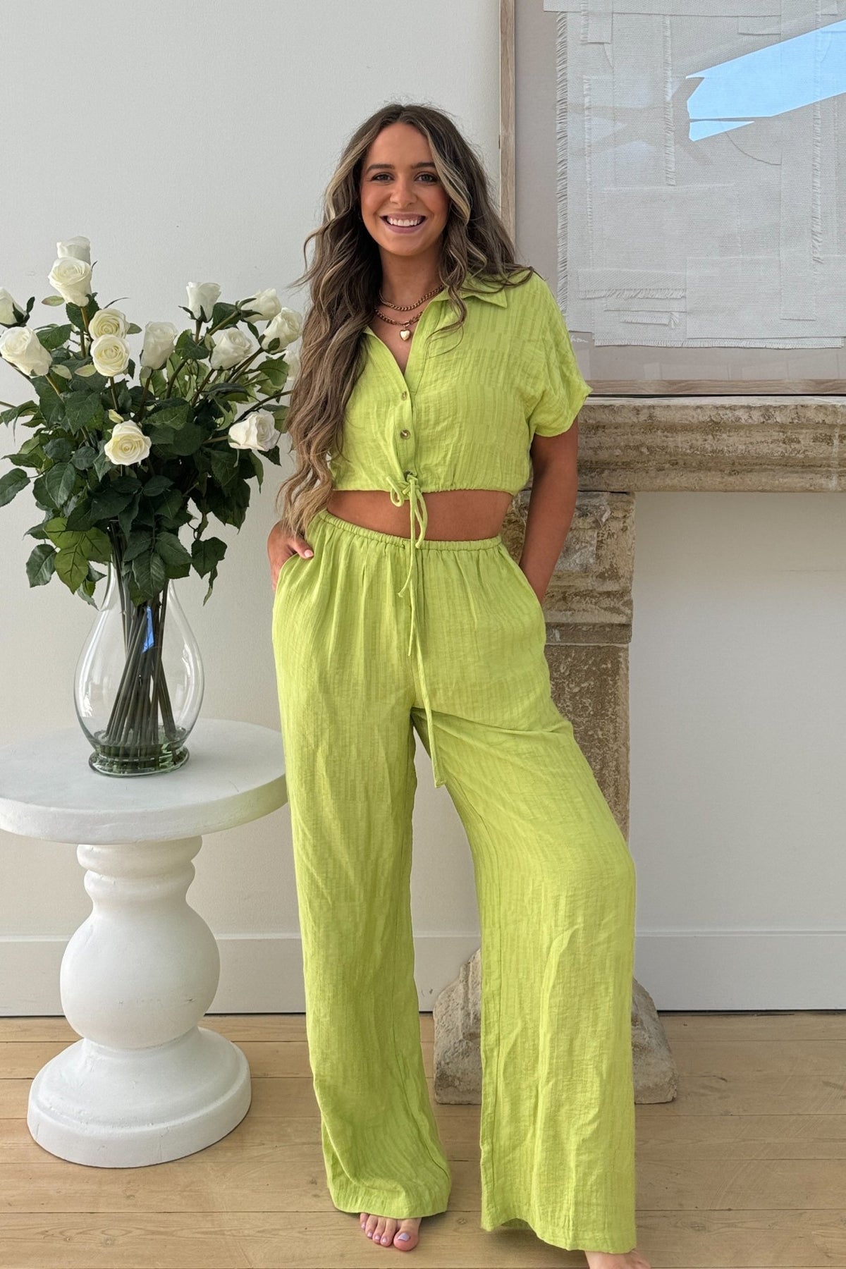 Women&#39;s A Tini Summer Set | Boxy Cropped Button Down Top | Lime Green - Women&#39;s Shirts &amp; Tops - Blooming Daily