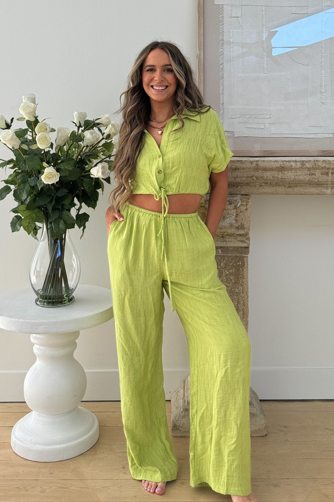 Women's A Tini Summer Set | Boxy Cropped Button Down Top | Lime Green - Women's Shirts & Tops - Blooming Daily