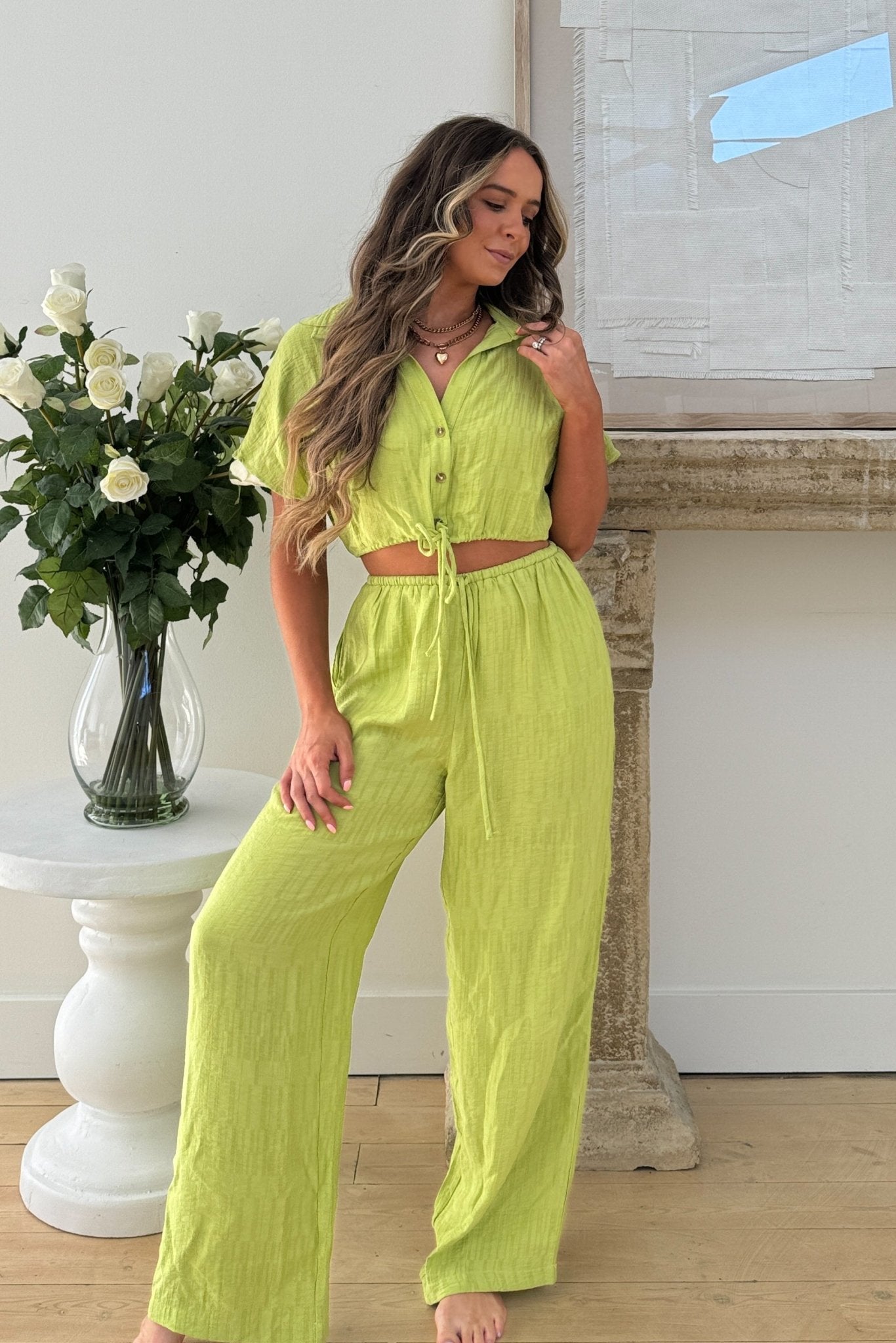 Women's A Tini Summer Set | Wide Leg Pants | Lime Green - Women's Pants - Blooming Daily