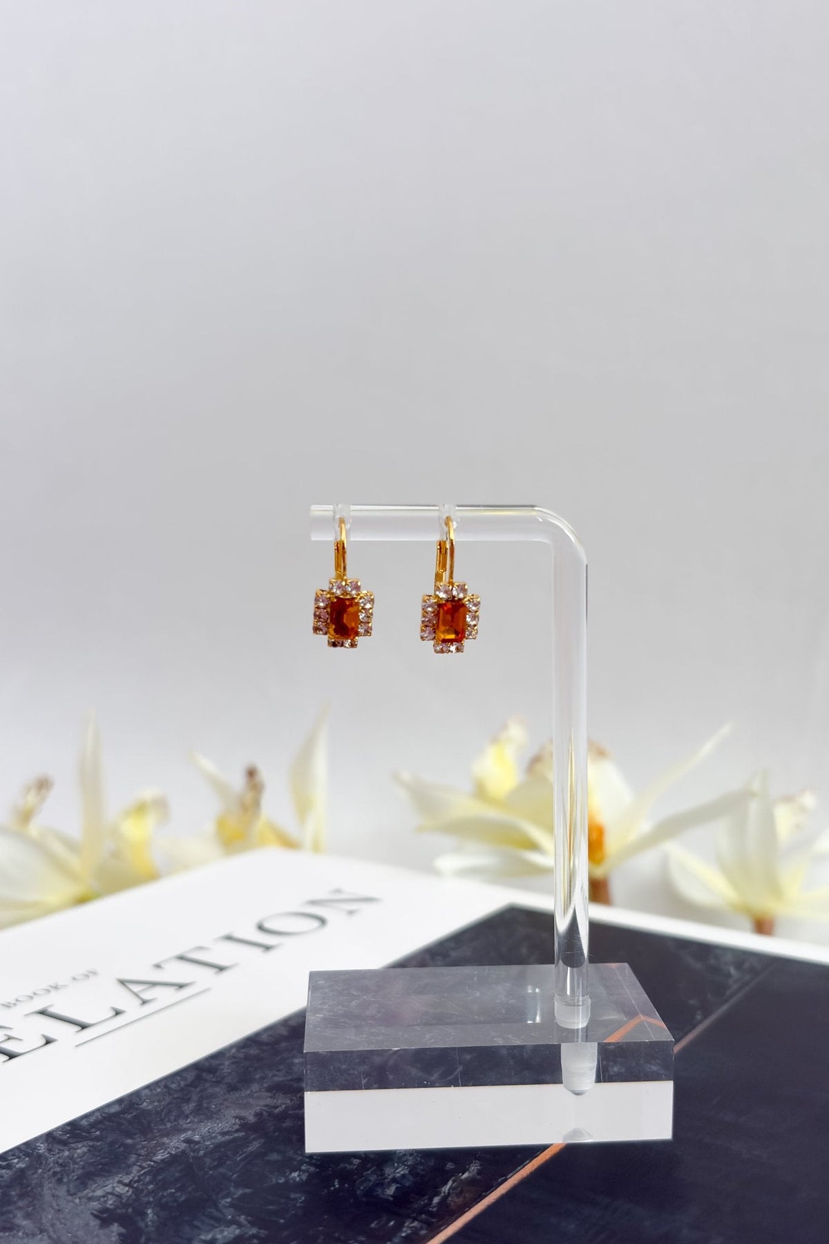 Women’s Amber Topaz Drop Earrings – 18K Gold Plated Lever - back - Women&#39;s Jewelry - Blooming Daily