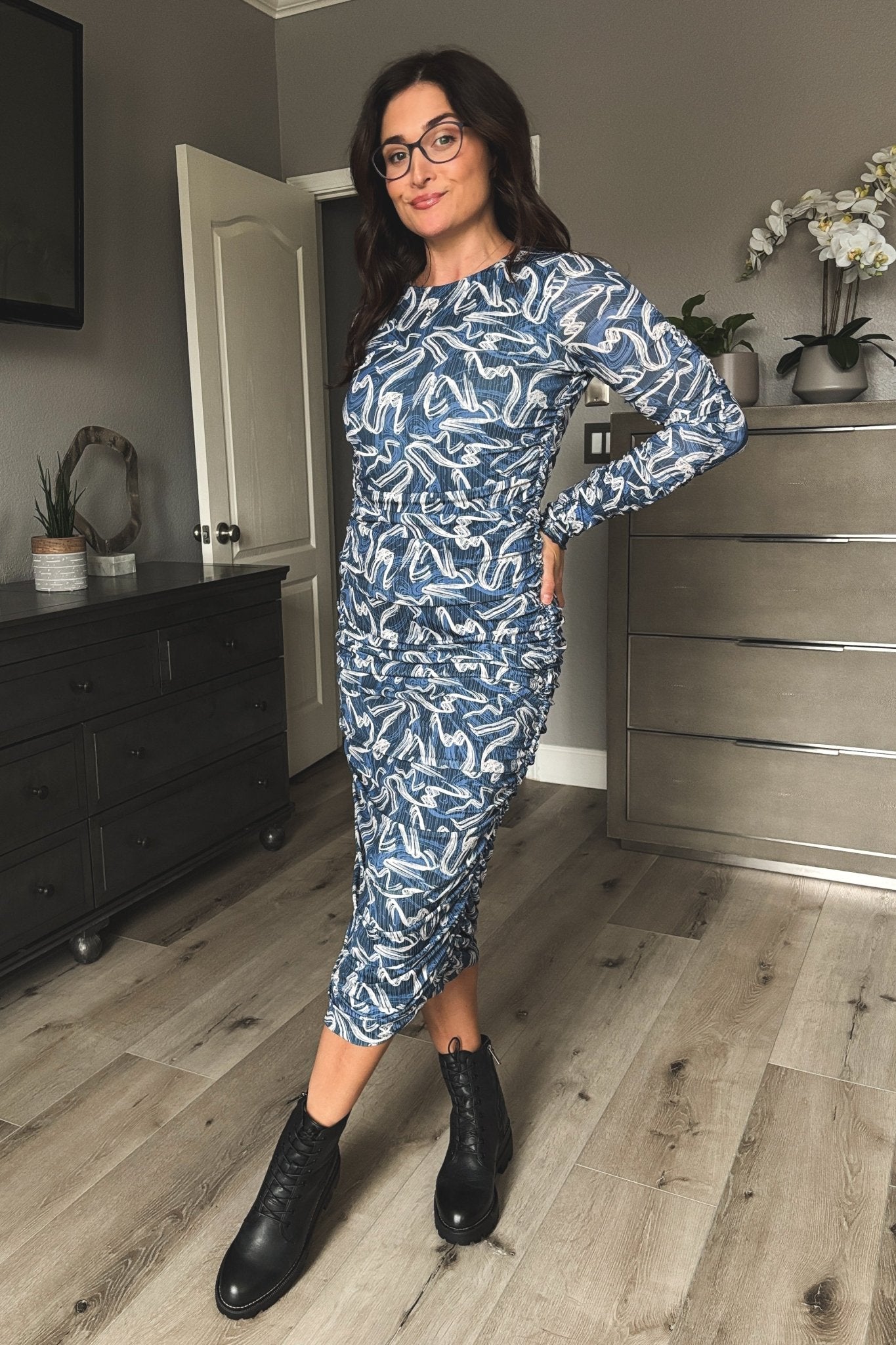 Sadie & Sage Abstract Stretch Midi Dress - Blue - Blooming Daily Sadie & Sage Abstract Stretch Midi Dress - Blue - Blooming Daily