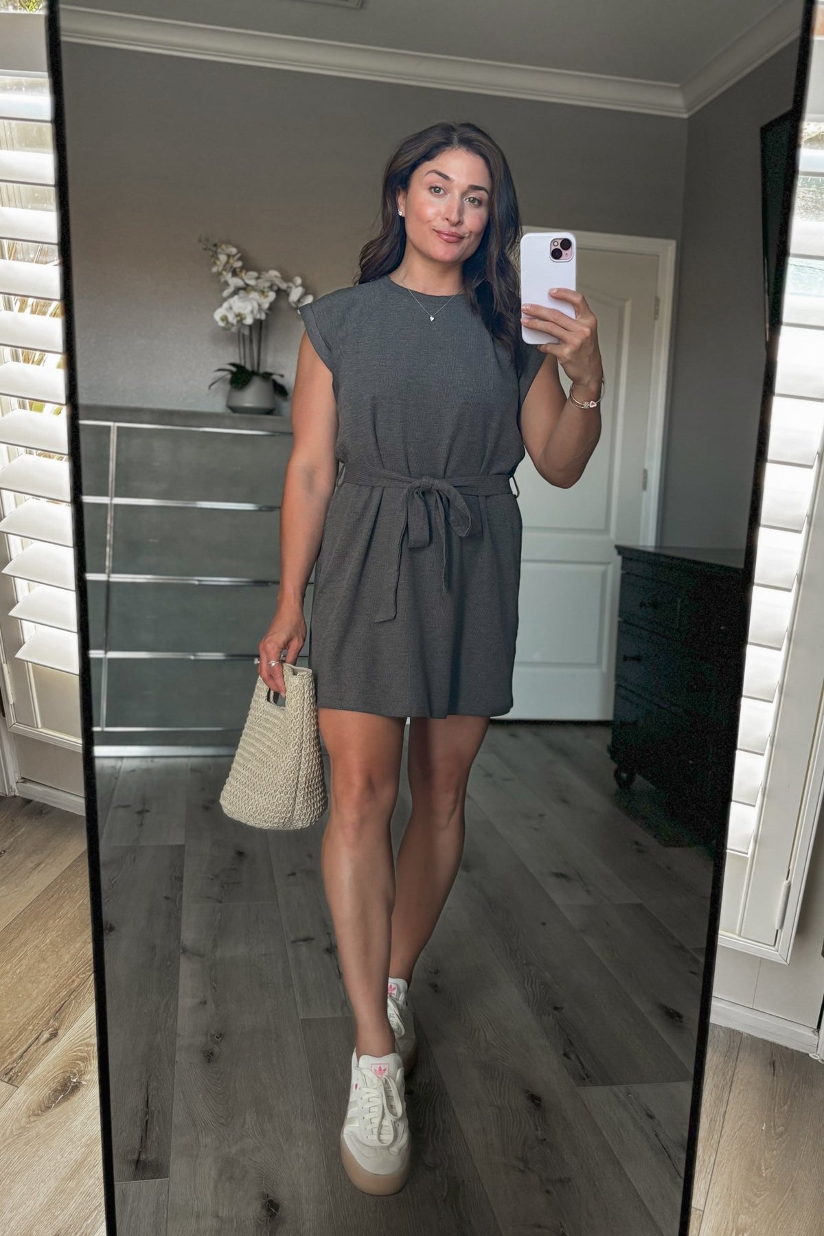 Women&#39;s Athleisure Belted Mini Dress | Travel Outfits | Charcoal Gray - Women&#39;s Dresses - Blooming Daily