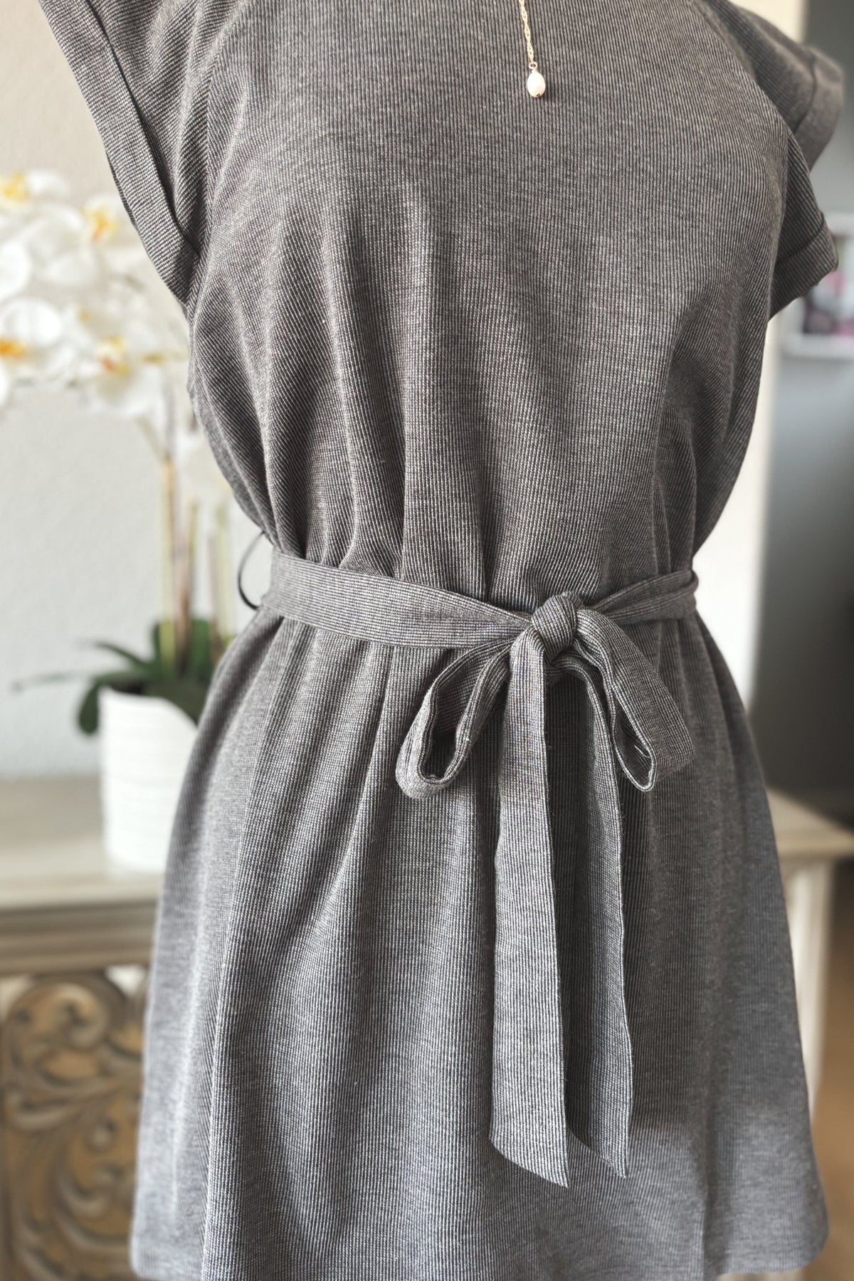 Women&#39;s Athleisure Belted Mini Dress | Travel Outfits | Charcoal Gray - Women&#39;s Dresses - Blooming Daily