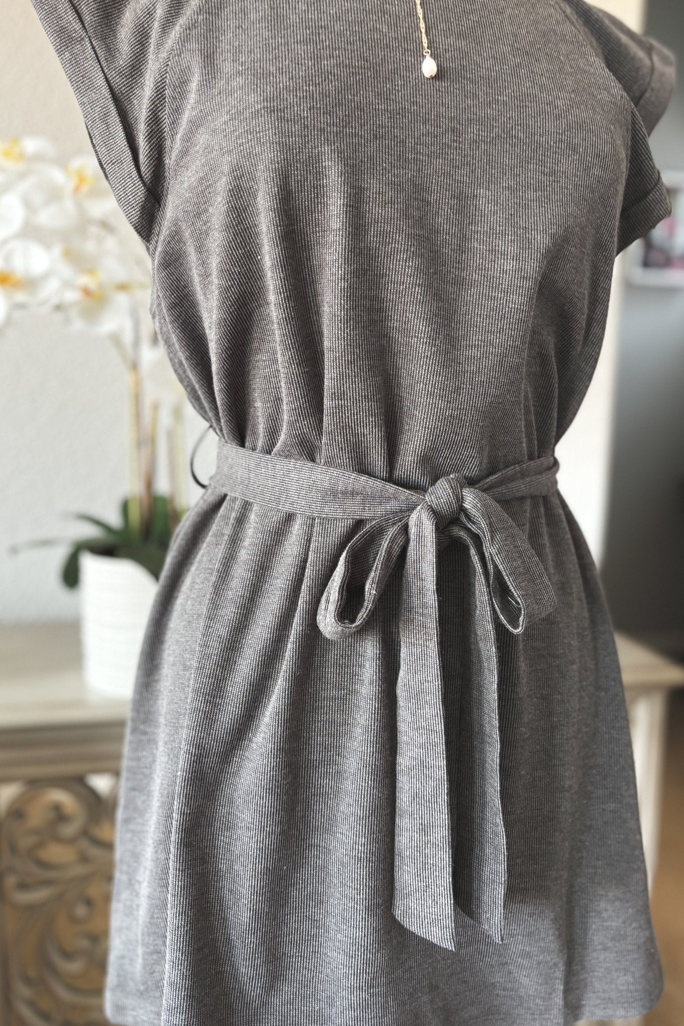 Women's Athleisure Belted Mini Dress | Travel Outfits | Charcoal Gray - Women's Dresses - Blooming Daily