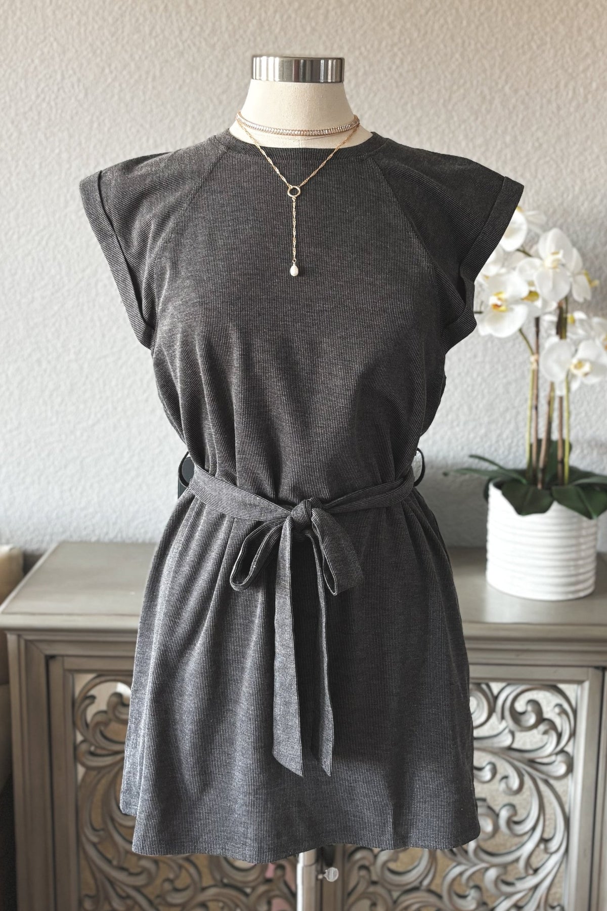 Women&#39;s Athleisure Belted Mini Dress | Travel Outfits | Charcoal Gray - Women&#39;s Dresses - Blooming Daily