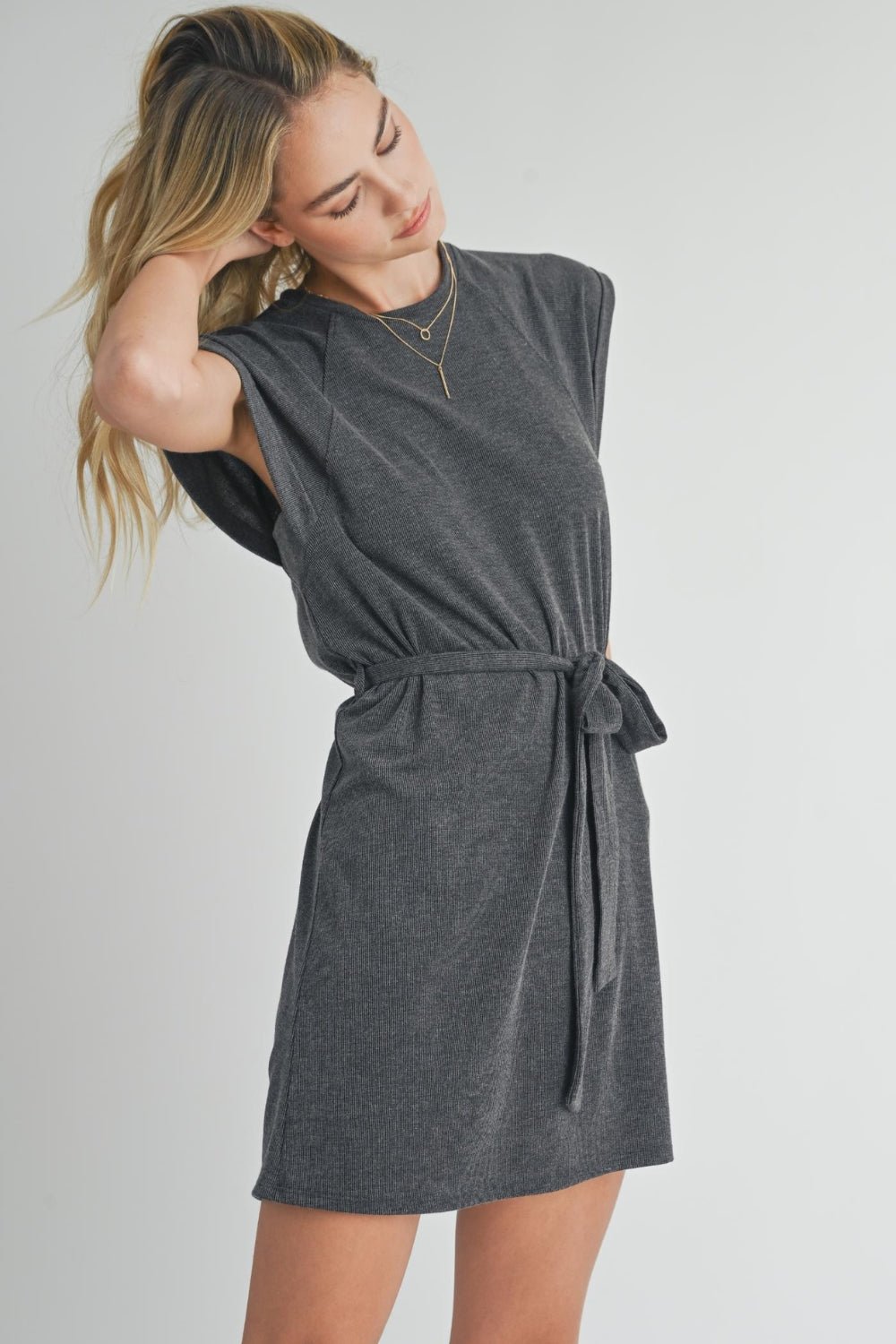 Women&#39;s Athleisure Belted Mini Dress | Travel Outfits | Charcoal Gray - Women&#39;s Dresses - Blooming Daily