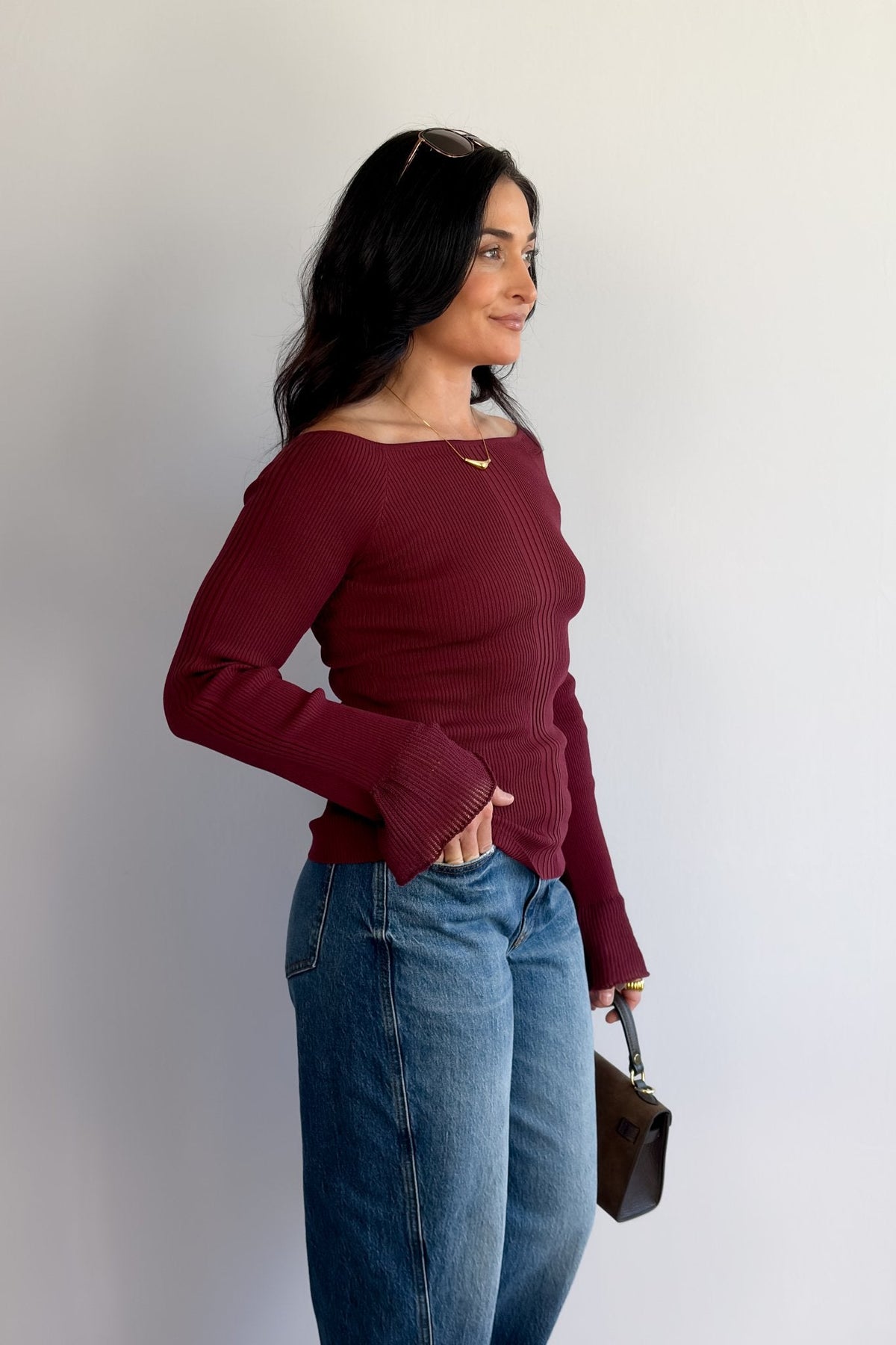 Women’s Ballet Neck Knit Top – Wine Red - Shirts &amp; Tops - Blooming Daily