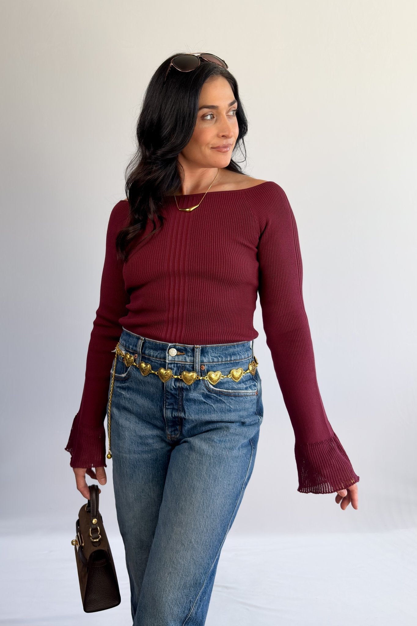 Women’s Ballet Neck Knit Top – Wine Red - Shirts & Tops - Blooming Daily