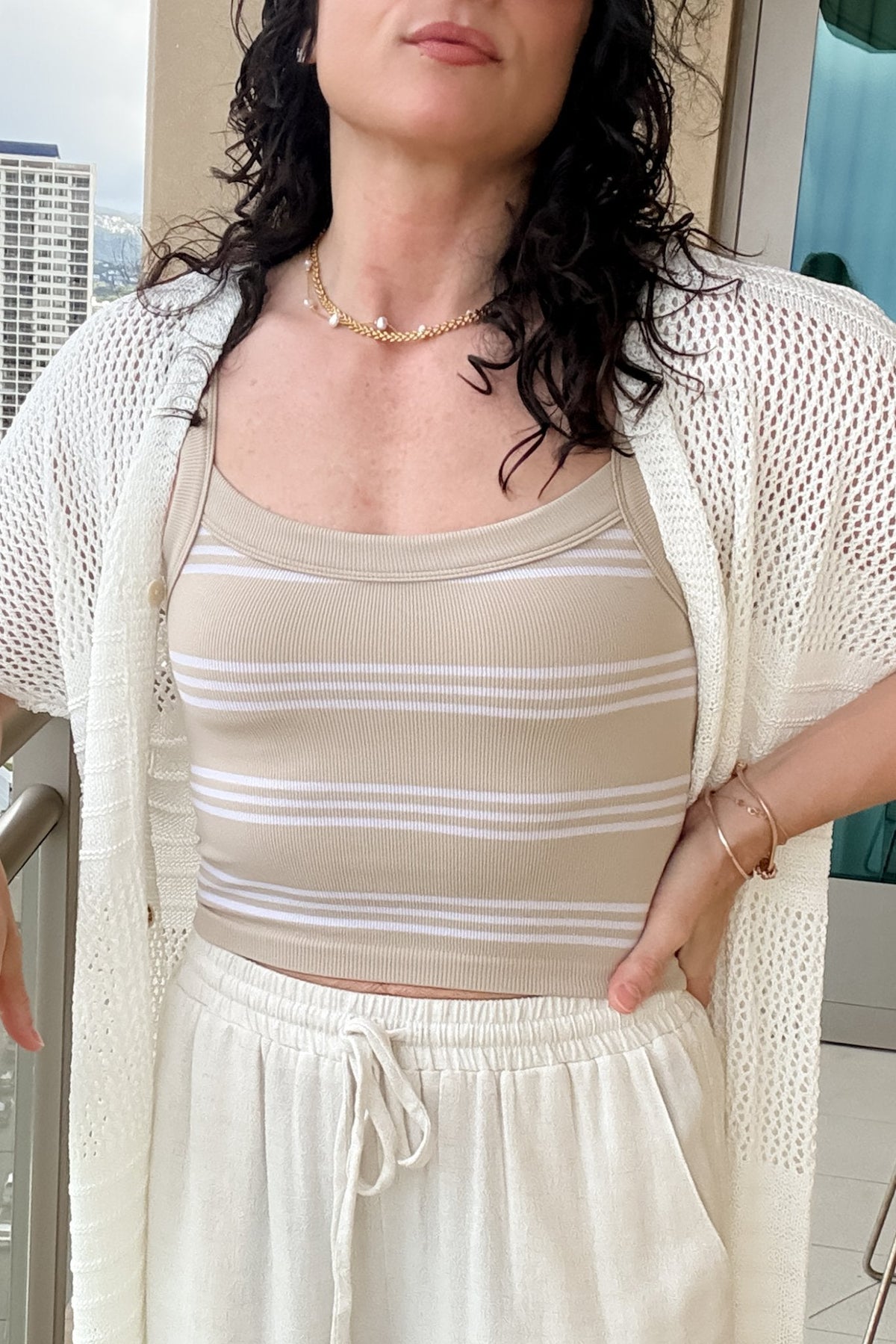 Women’s Beige Striped Ribbed Tank Top – Stretch Crop - Women's Shirts & Tops - Blooming Daily
