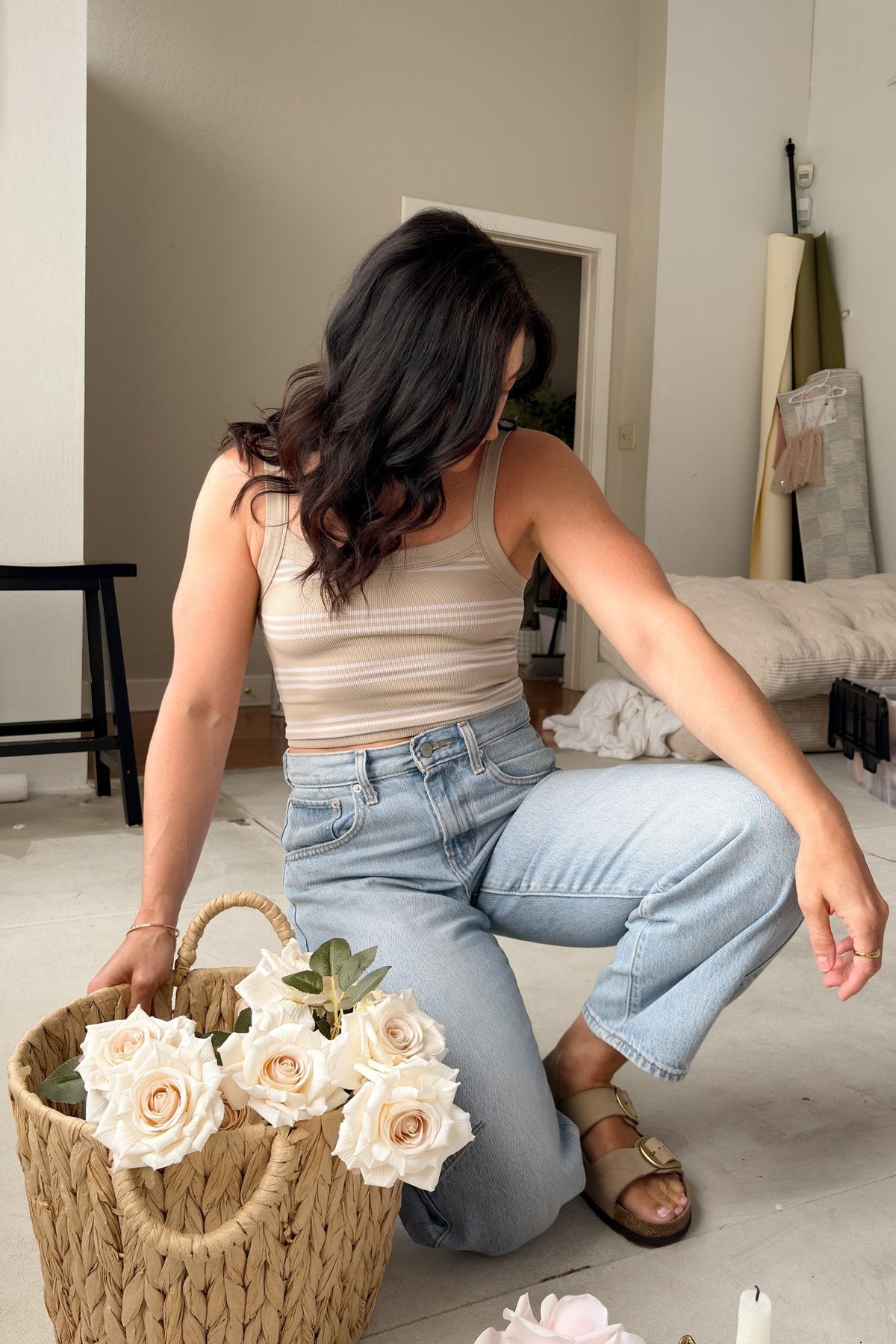 Women’s Beige Striped Ribbed Tank Top – Stretch Crop - Women's Shirts & Tops - Blooming Daily