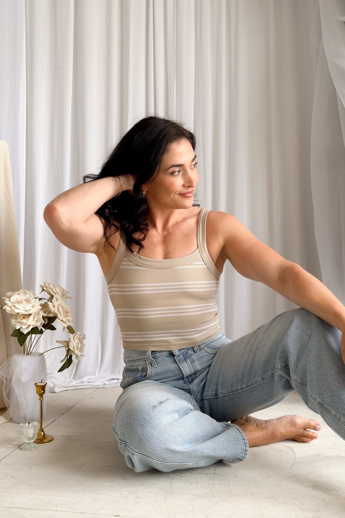 Women’s Beige Striped Ribbed Tank Top – Stretch Crop - Women's Shirts & Tops - Blooming Daily