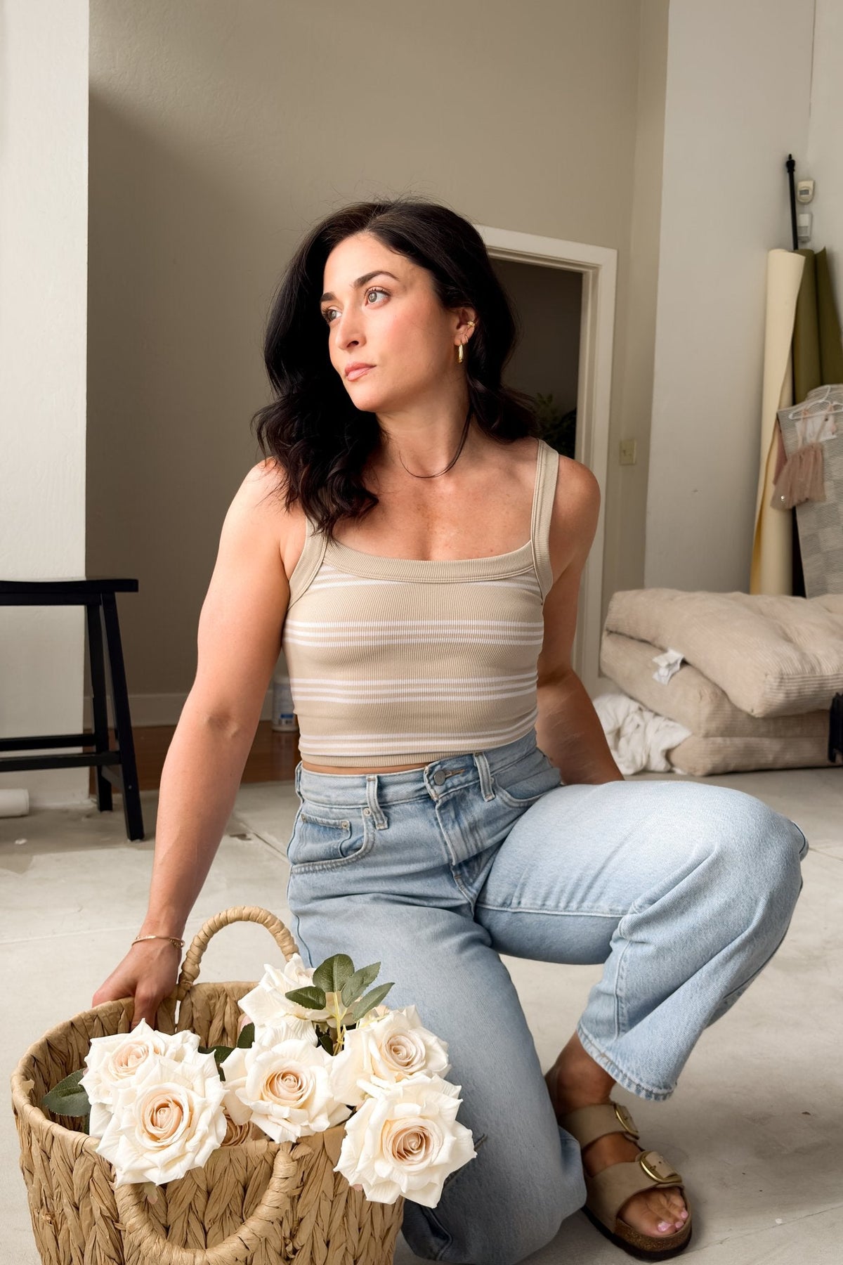 Women’s Beige Striped Ribbed Tank Top – Stretch Crop - Women's Shirts & Tops - Blooming Daily