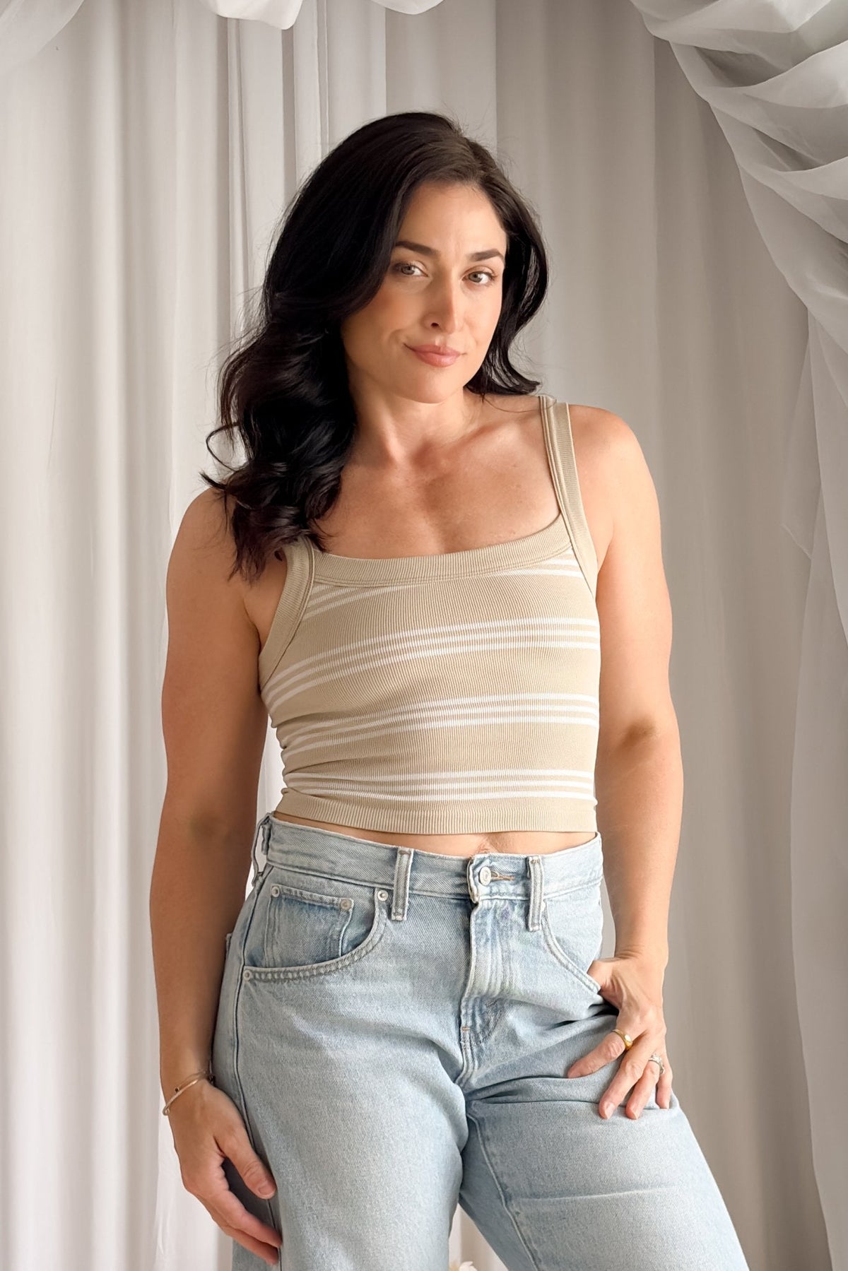 Women’s Beige Striped Ribbed Tank Top – Stretch Crop - Women's Shirts & Tops - Blooming Daily
