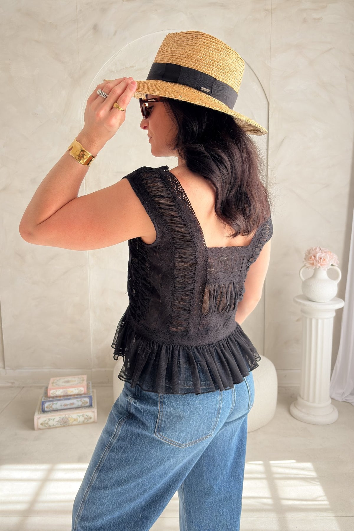 Women’s Black Lace Ruffle Peplum Top - Women's Shirts & Tops - Blooming Daily