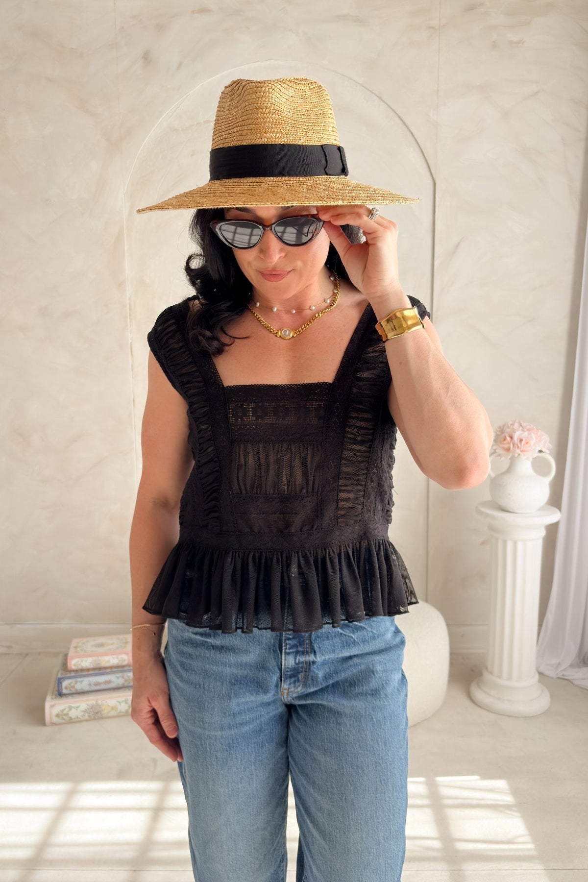 Women’s Black Lace Ruffle Peplum Top - Women's Shirts & Tops - Blooming Daily