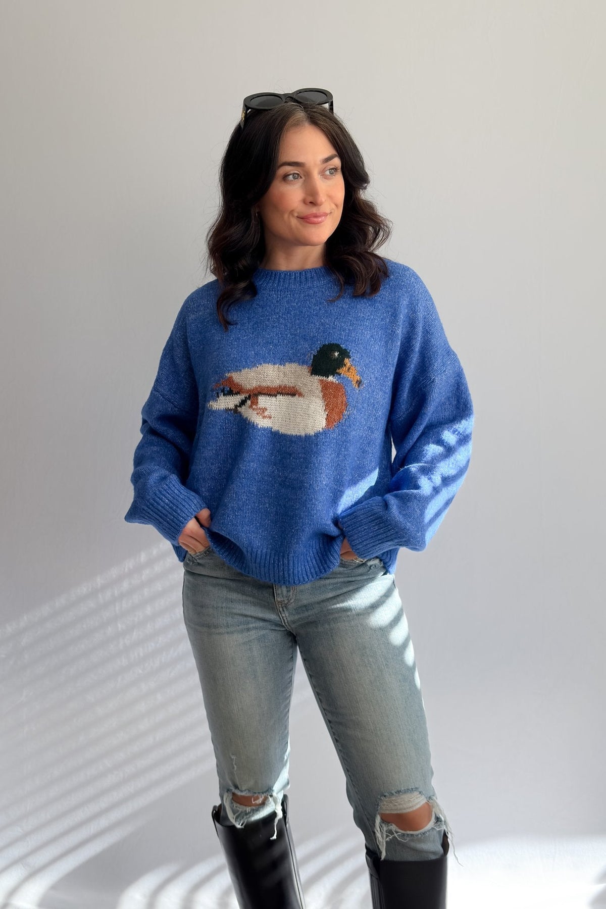 Women’s Blue Mallard Duck Knit Sweater - Women's Sweaters - Blooming Daily