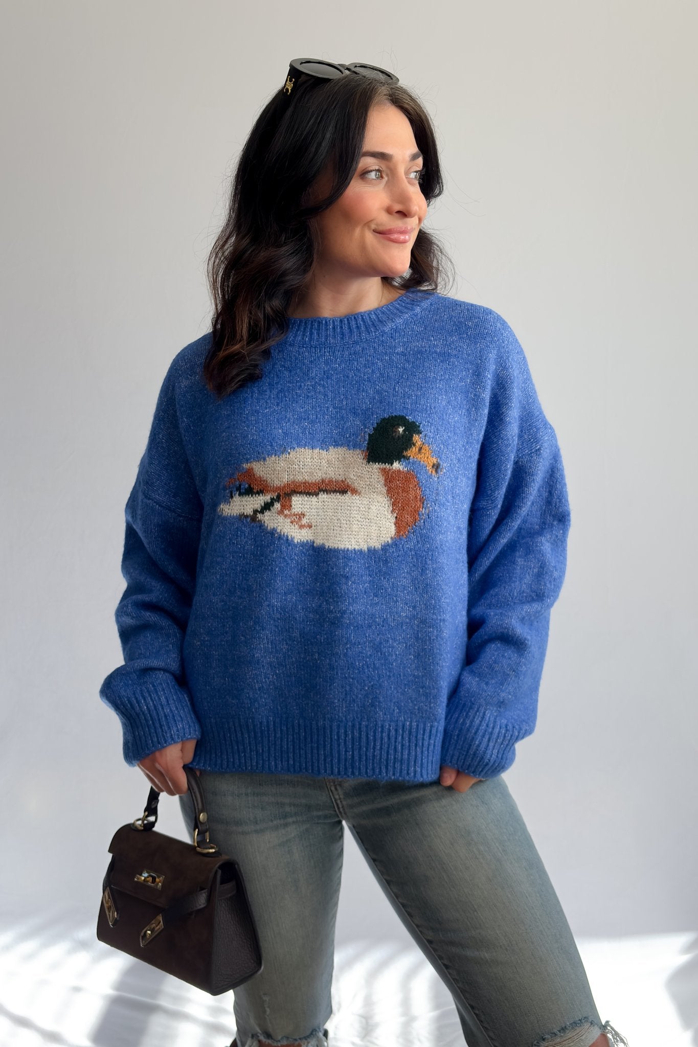 Women’s Blue Mallard Duck Knit Sweater - Women's Sweaters - Blooming Daily