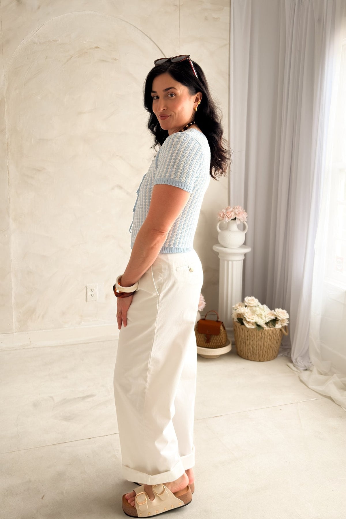 Women’s Blue Tie Front Knit Top – Lightweight Summer Top - Women's Shirts & Tops - Blooming Daily