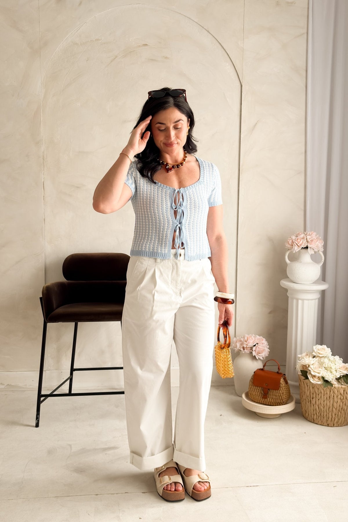 Women’s Blue Tie Front Knit Top – Lightweight Summer Top - Women's Shirts & Tops - Blooming Daily