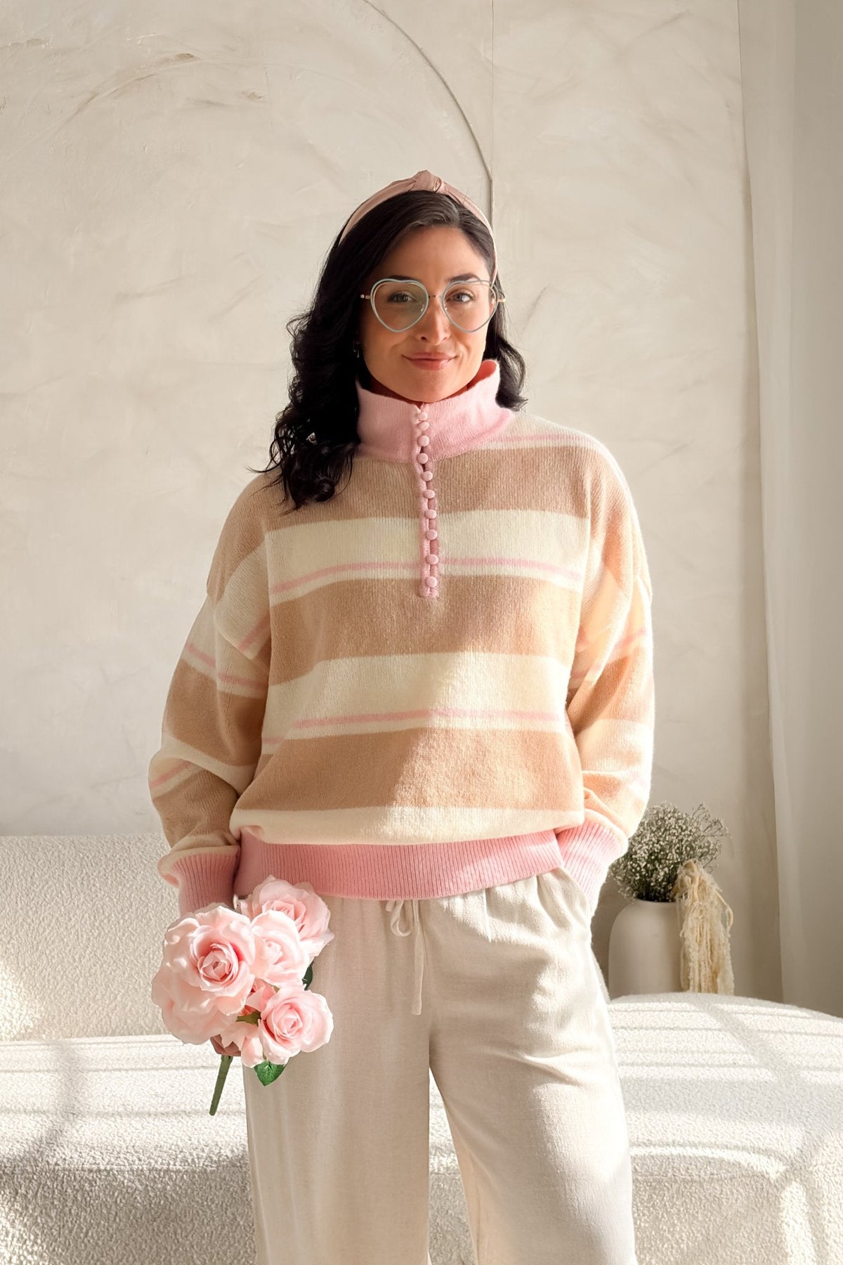 Women’s Blush Stripe Lightweight Knit Sweater - Women's Sweaters - Blooming Daily