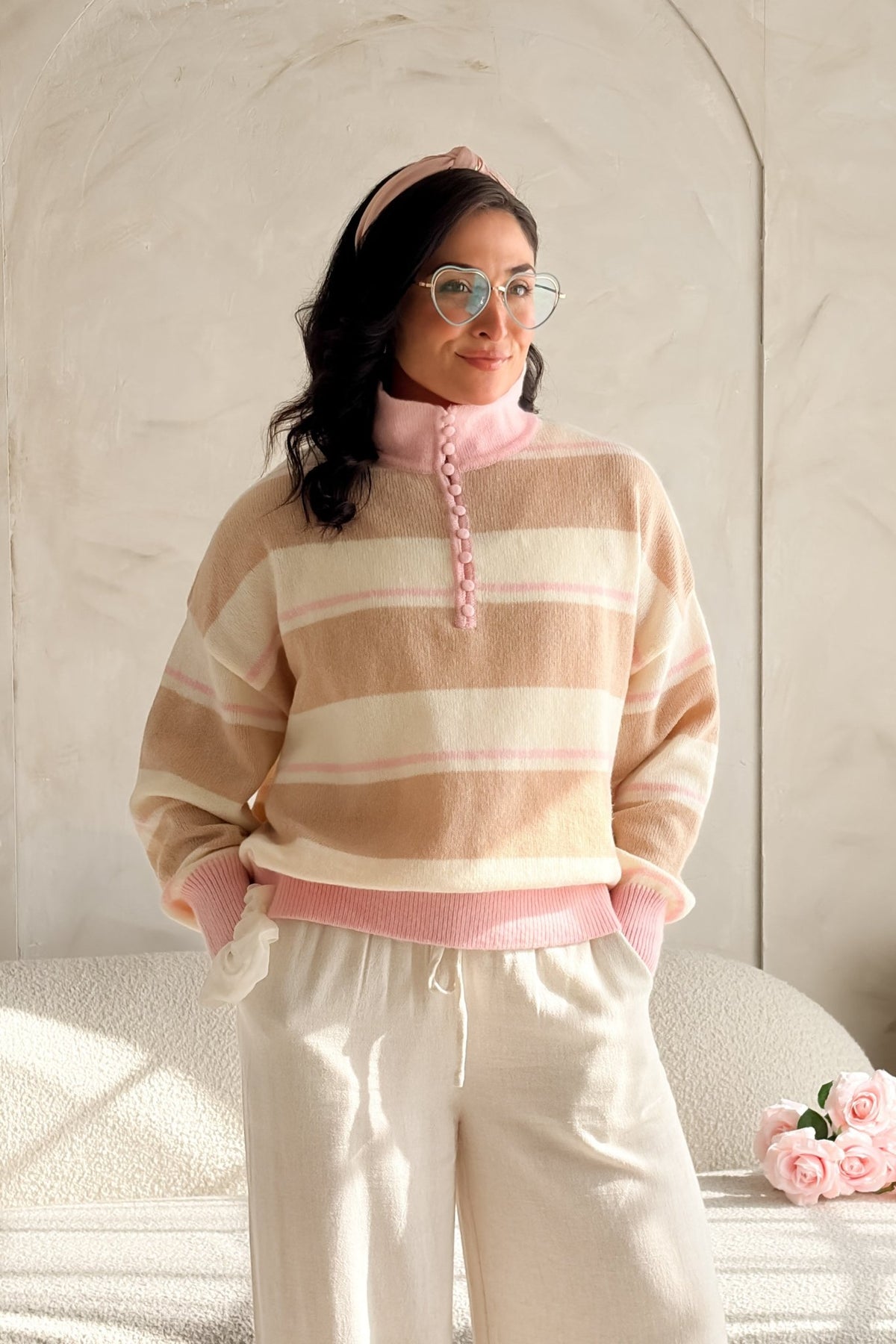 Women’s Blush Stripe Lightweight Knit Sweater - Women's Sweaters - Blooming Daily