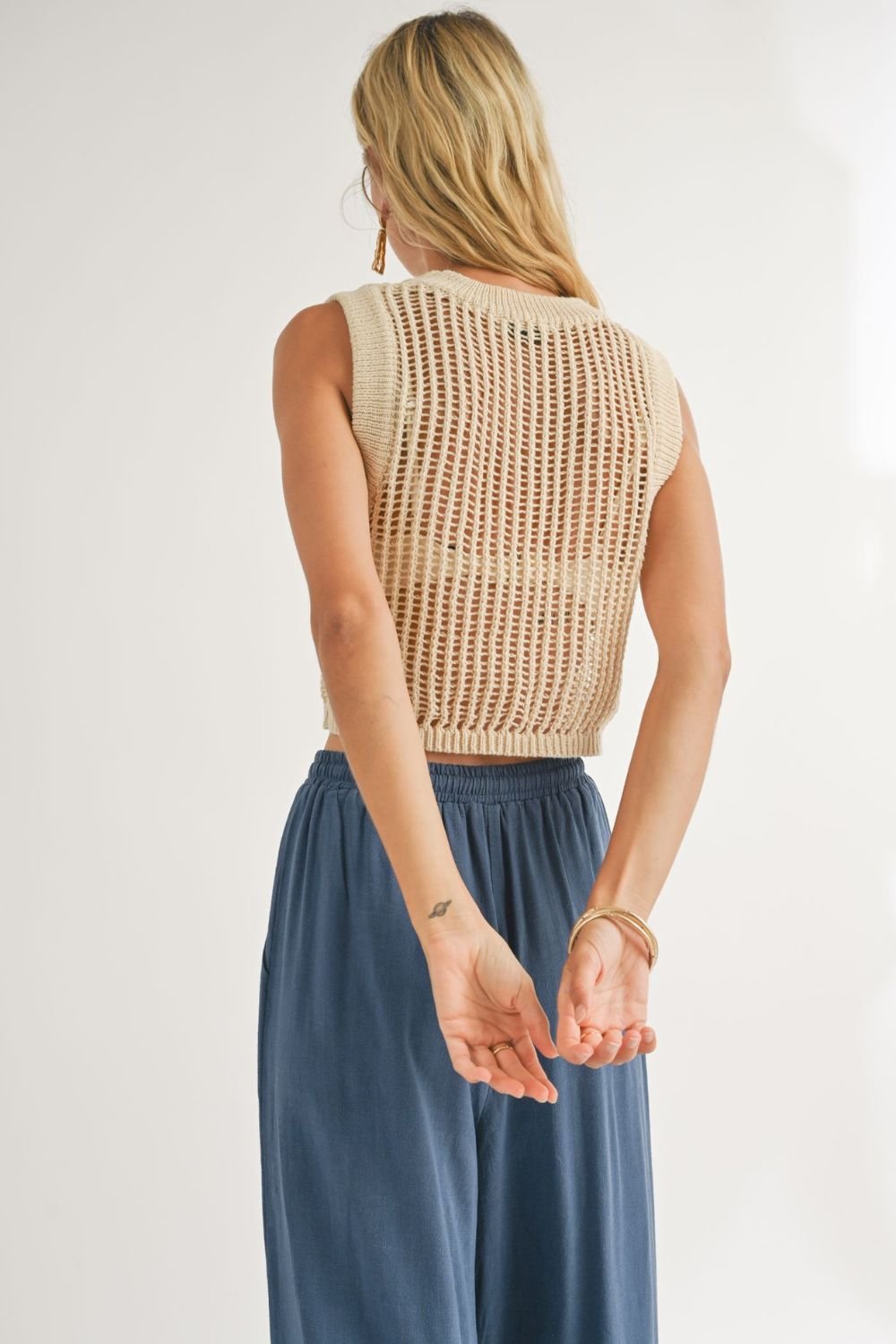 Women&#39;s Boho Open Knit Sweater Tank Top | Beige - Women&#39;s Shirts &amp; Tops - Blooming Daily